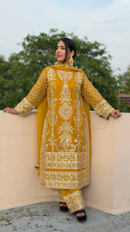 Mustard Gold Organza Luxe Pakistani Suit Set
