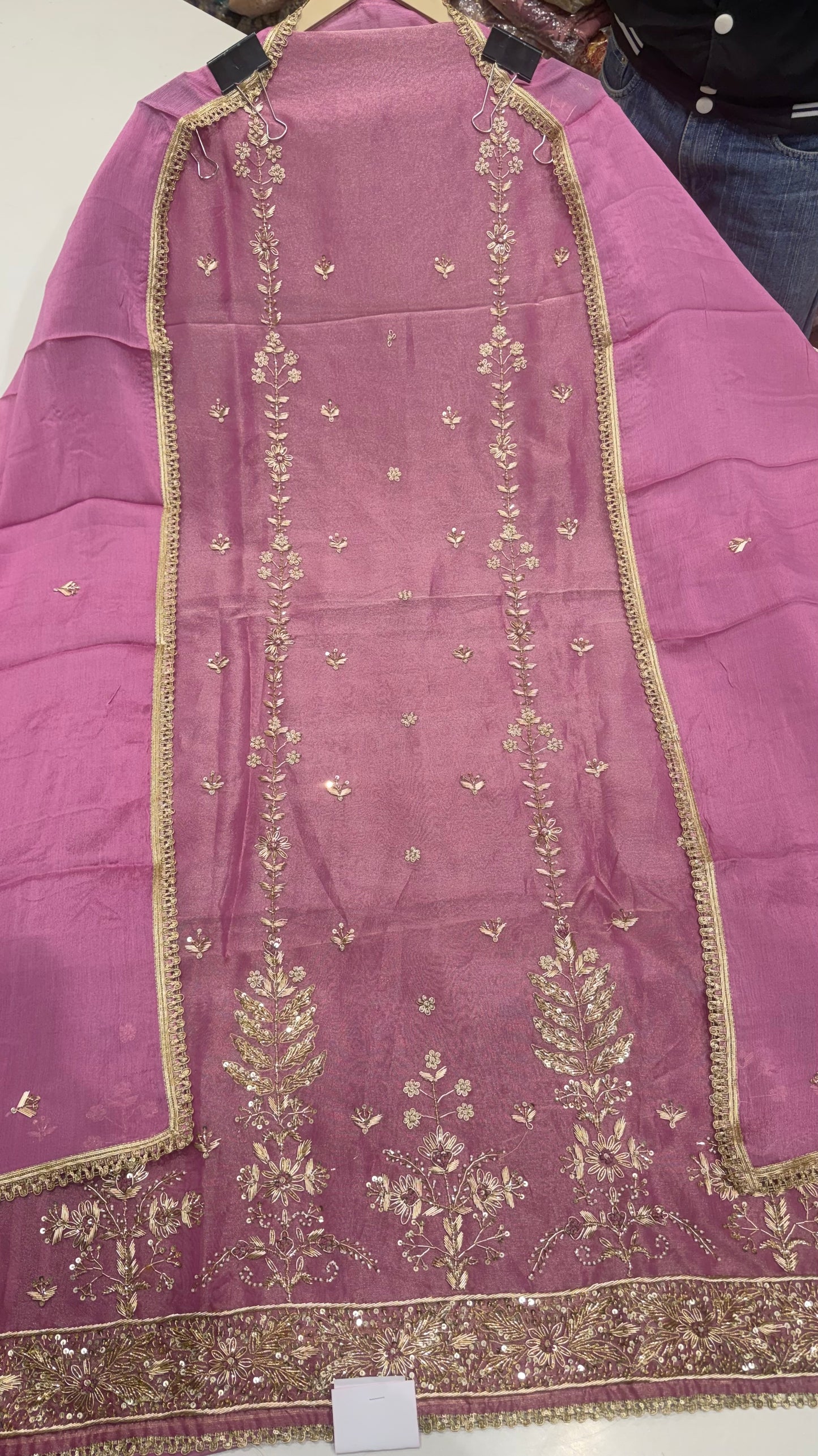 Pure Shimmer Tissue Zardozi Handwork Unstitched Suit Set