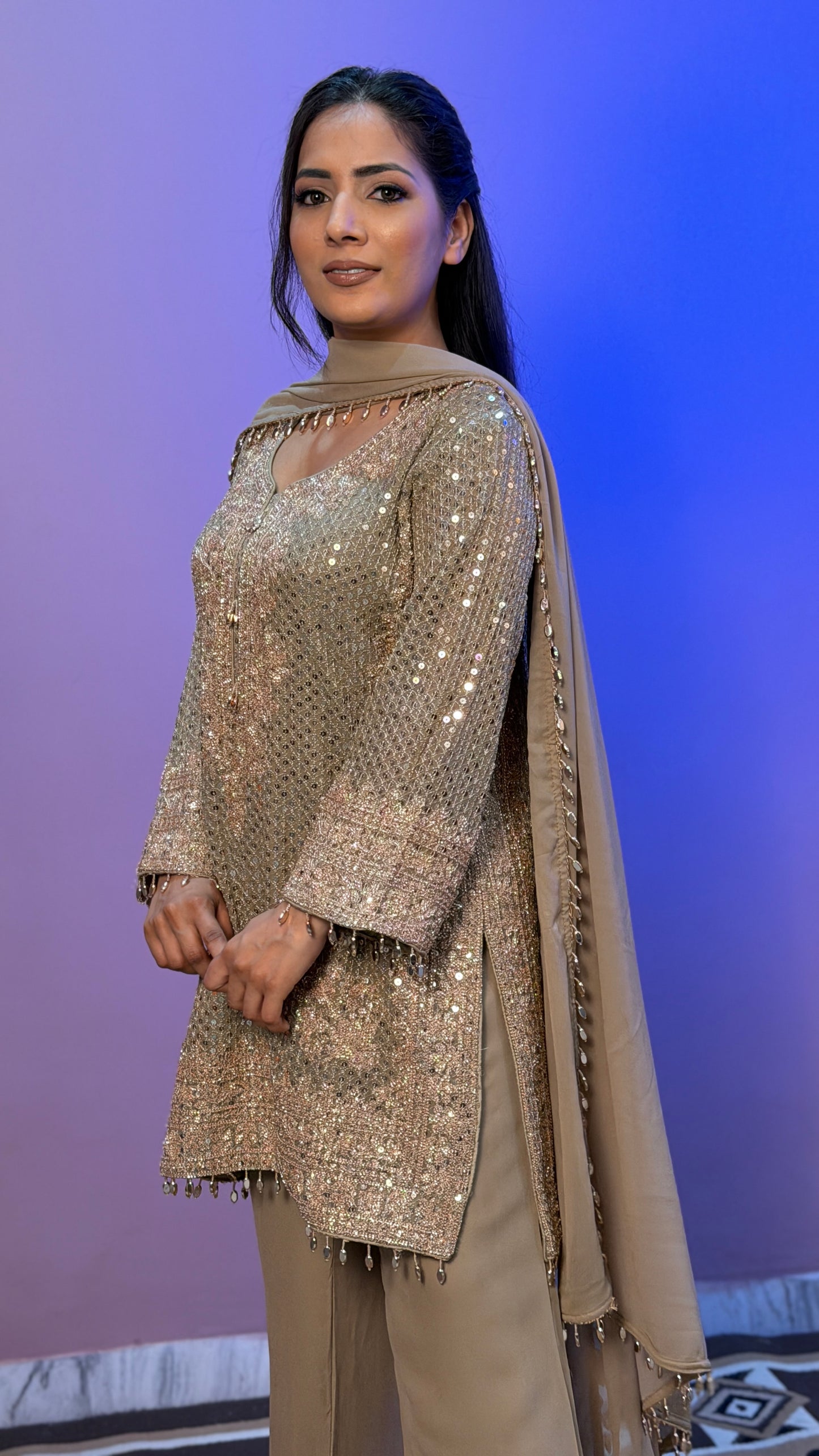 Champagne Gold Pure Georgette Designer Pants Suit with Latkan Dupatta