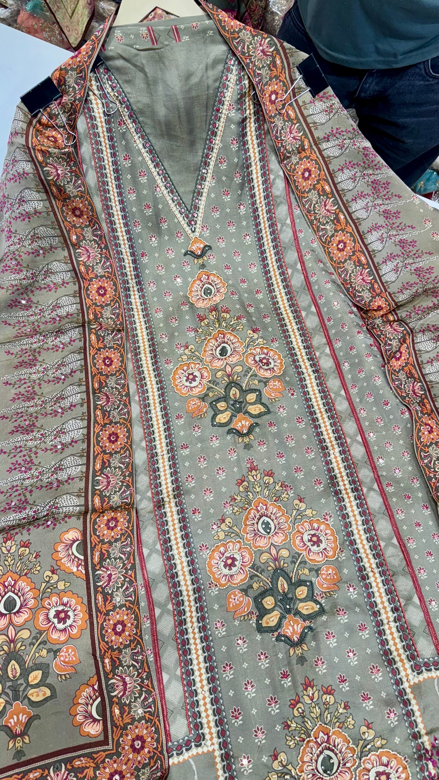Elegant Satin Silk Unstitched Suit with Printed Dupatta & Hand-Embroidered Pearl Work