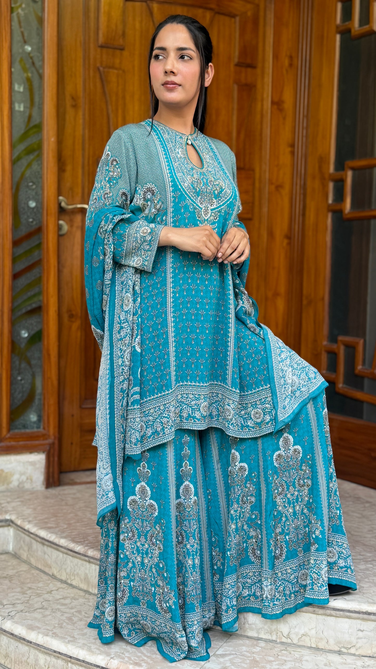 Floral Luxe Digital Print Sharara Suit Set with Dupatta