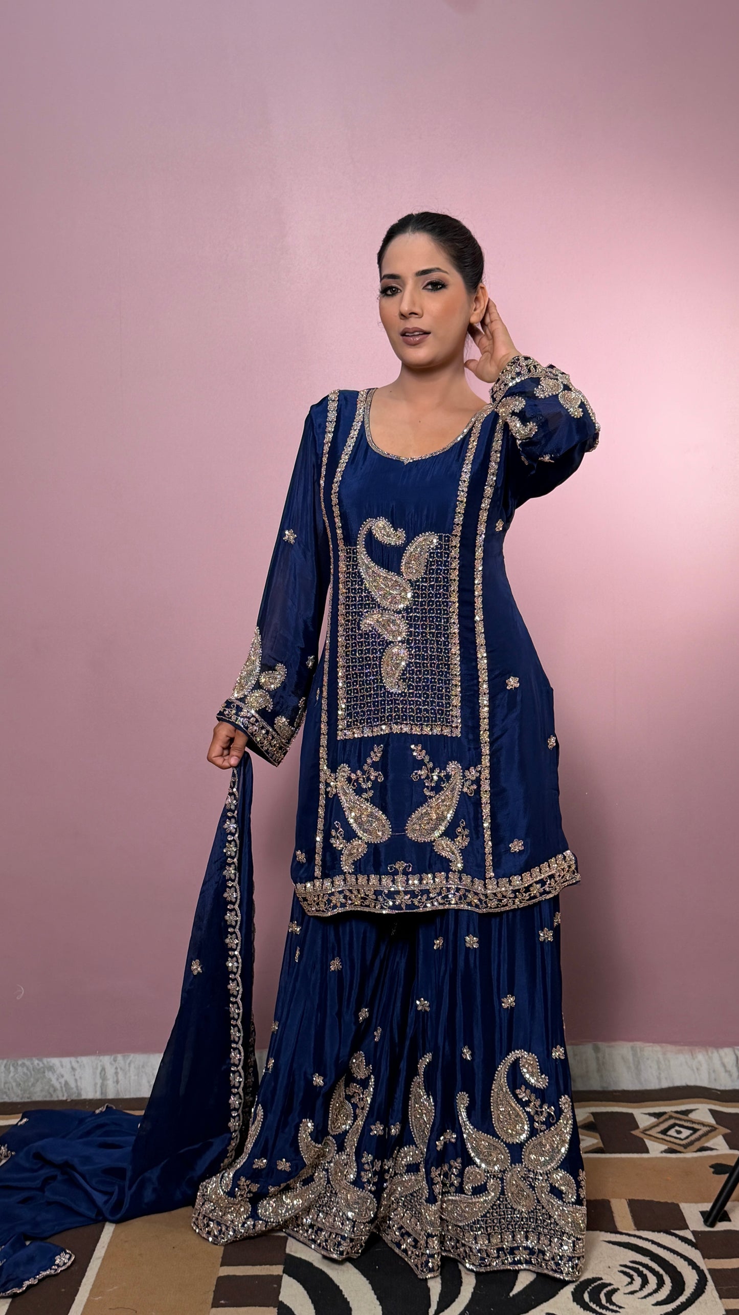 Designer Chinon Crepe Sharara Suit with Hand Nakashi Work