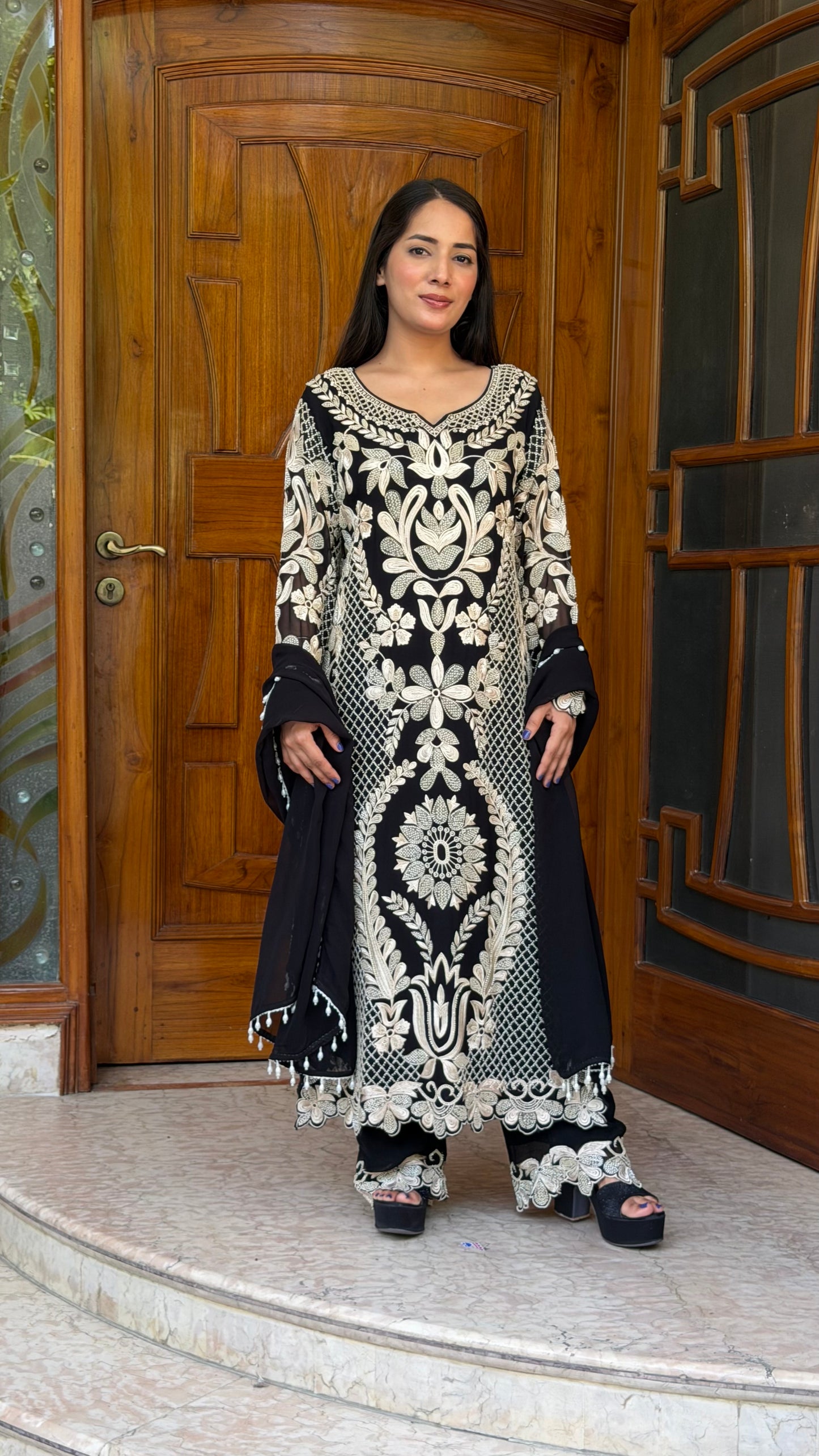 Long Pakistani Georgette Pants Suit with Hand Beads Work