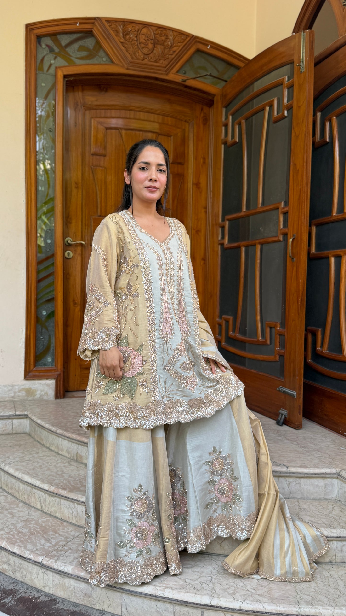 Pastel Gold A-Line Pakistani Tissue Sharara Suit Set with Hand Nakashi Work