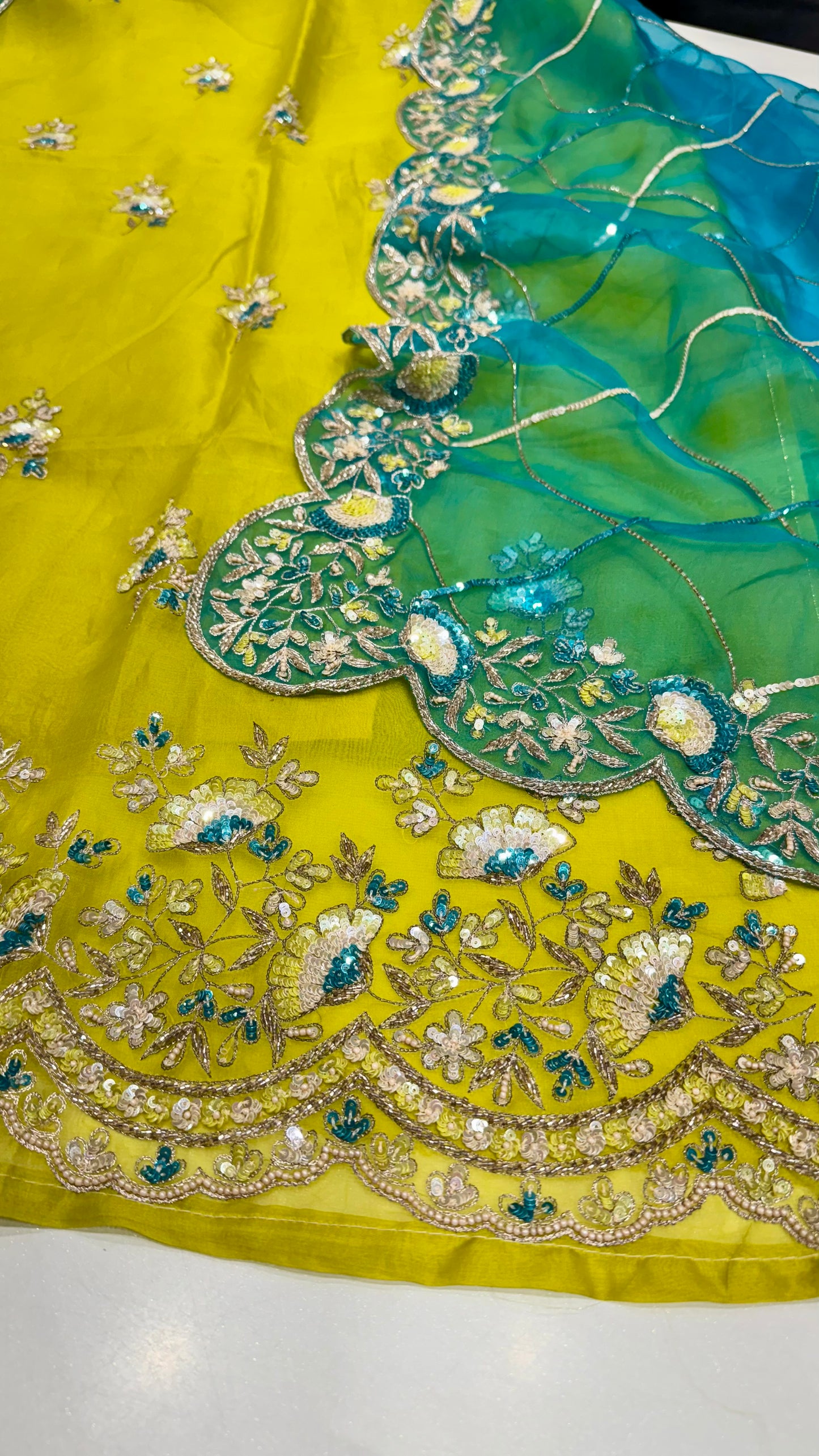 Pure Organza Unstitched Suit with Aqua Blue Embroidered Dupatta & Zardozi Work