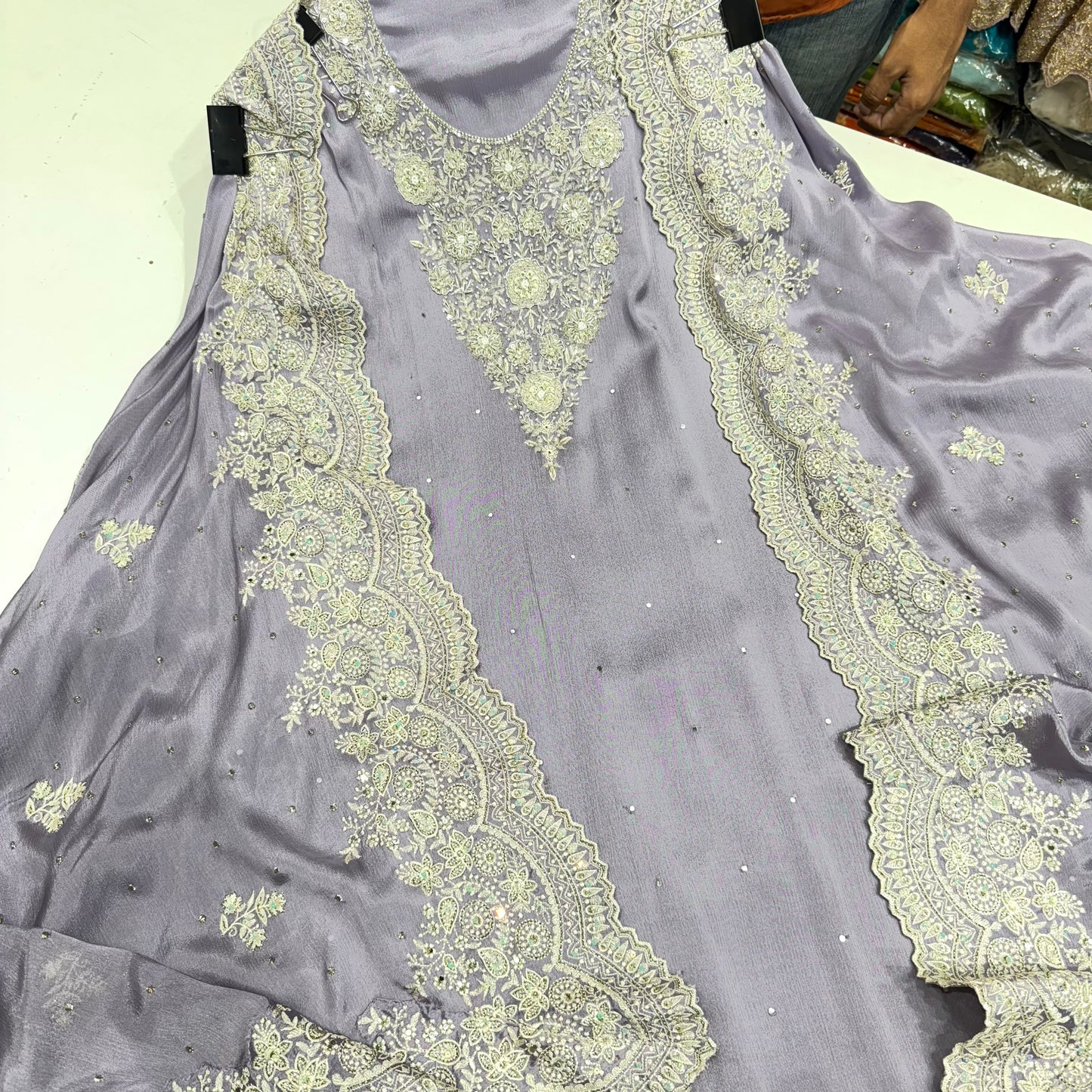 Hand Embroidered Straight Suit on Chinon Crepe with Four-Side Border Dupatta – Available in Mustard, Gold, Mauve & Sky Blue | Includes 2.5m Silk Bottom Fabric