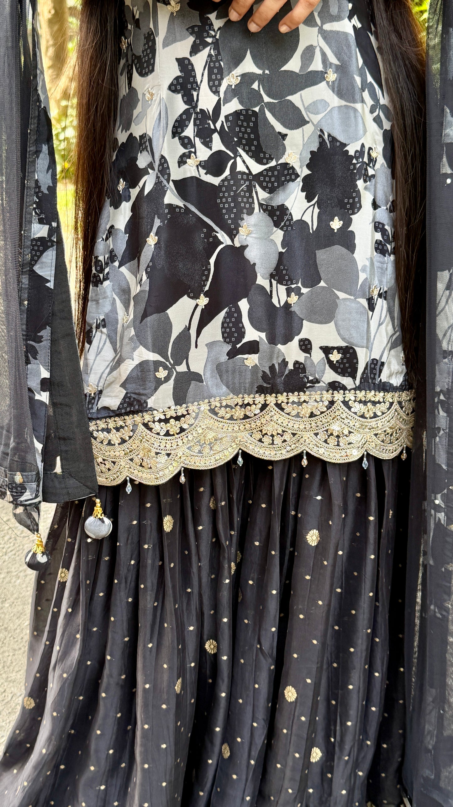 Designer Black & Grey Pure Crepe Girlish Sharara Suit with Organza Gharara & Net Dupatta | Readymade Party Wear Suit
