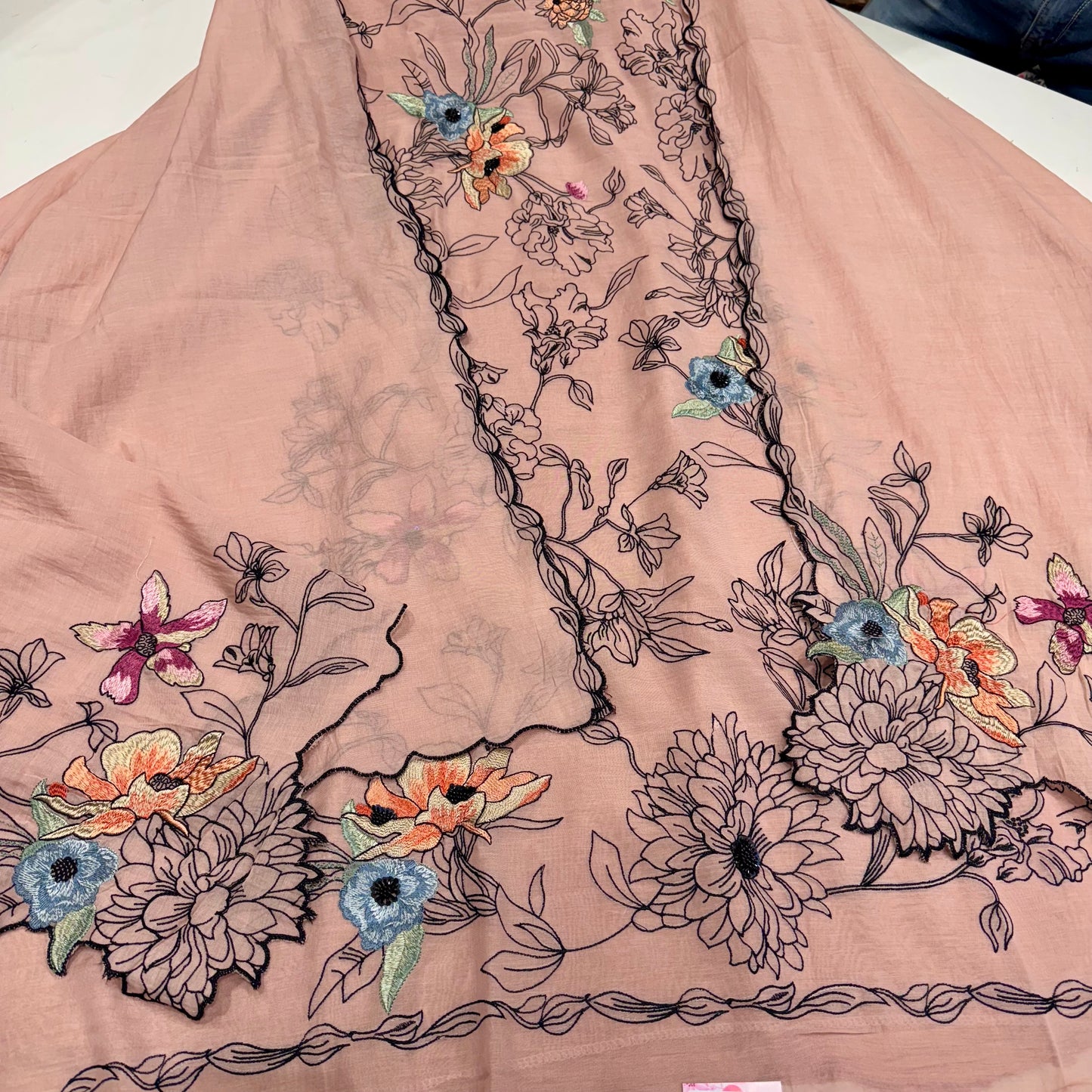 Unstitched Pure Mulmul Kalamkari Suit with Bead Embroidery & Cutwork Dupatta