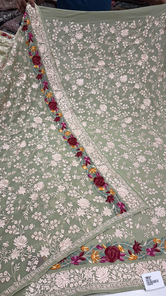 Unstitched Pure Georgette Parsi Embroidered Suit with Heavy Jaal Dupatta | Premium Thread Embroidery | Luxury Designer Party Wear | Opada Silk Bottom