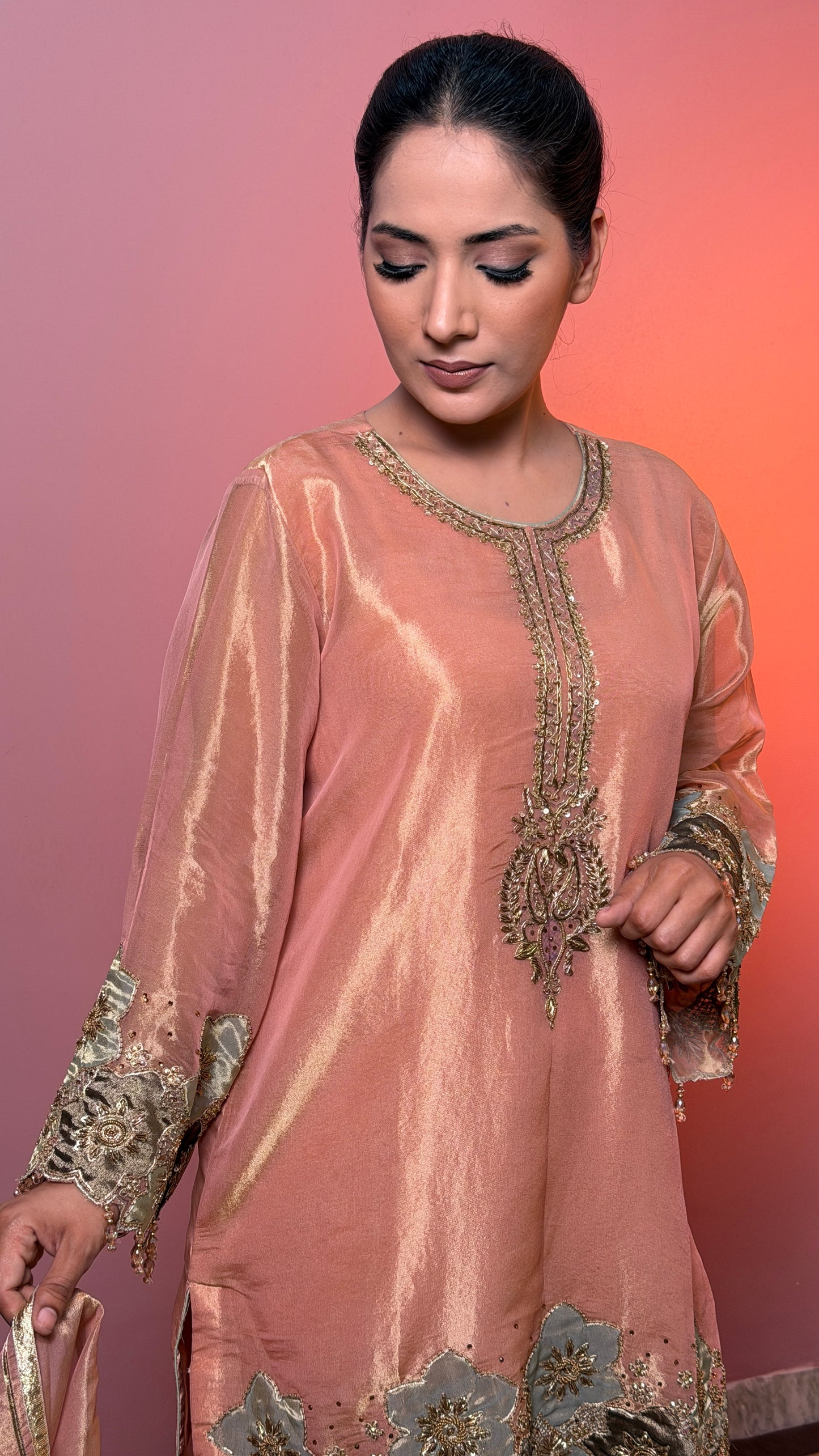 Blush Peach Pure Tissue Handcrafted Zardozi Straight Suit with Pants