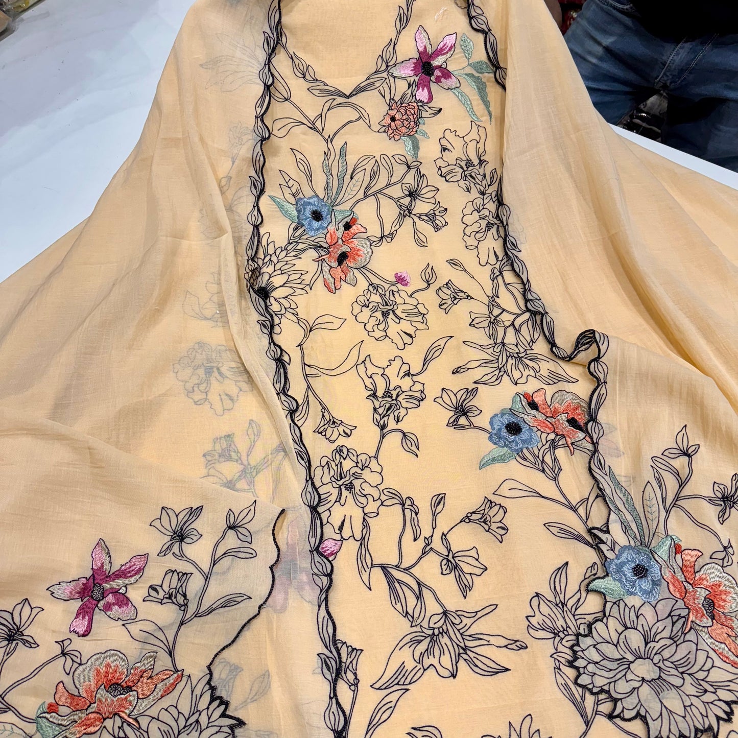 Unstitched Pure Mulmul Kalamkari Suit with Bead Embroidery & Cutwork Dupatta