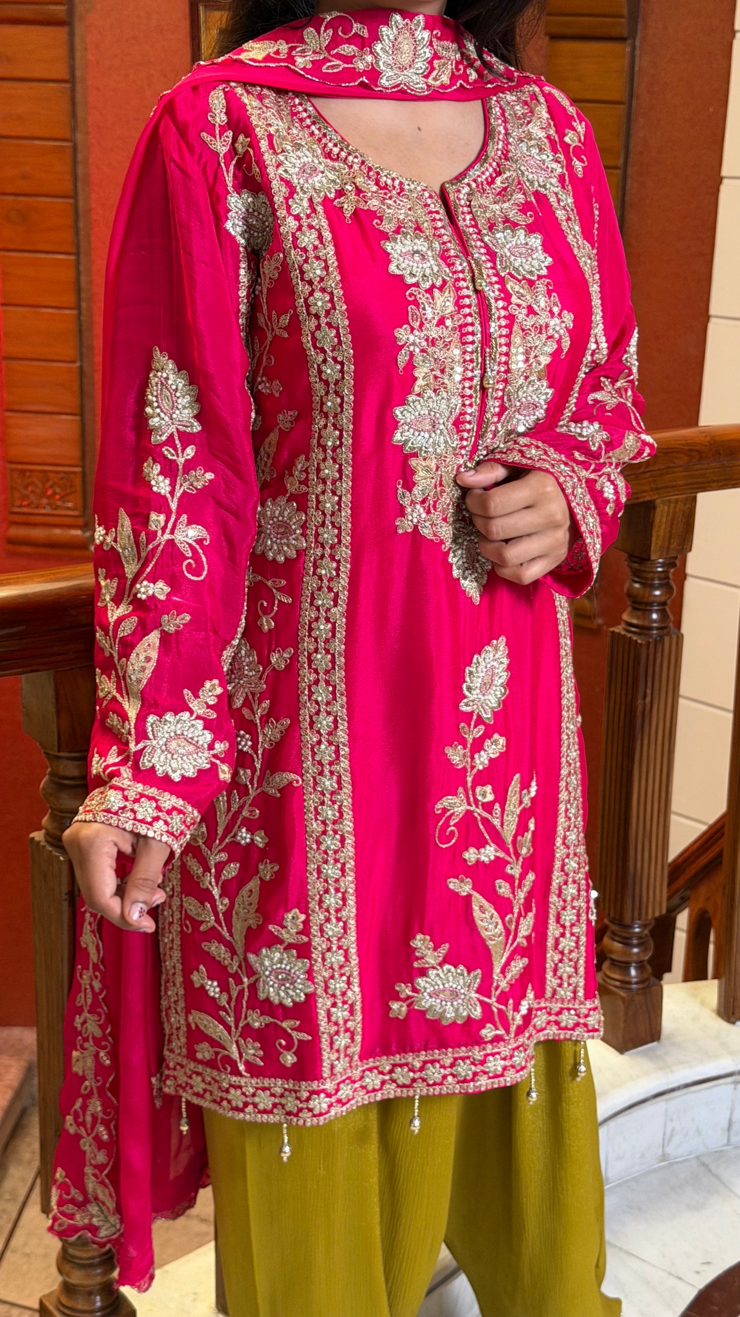 Rani Pink Pure Chinon Farshi Salwar Suit with Heavy Embroidery