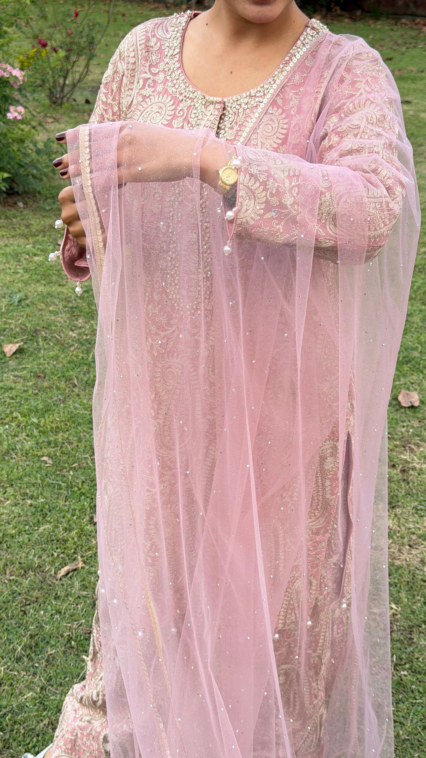 Rose Pink Designer Pure Georgette Ritu Kumar Inspired Suit with Farshi Salwar