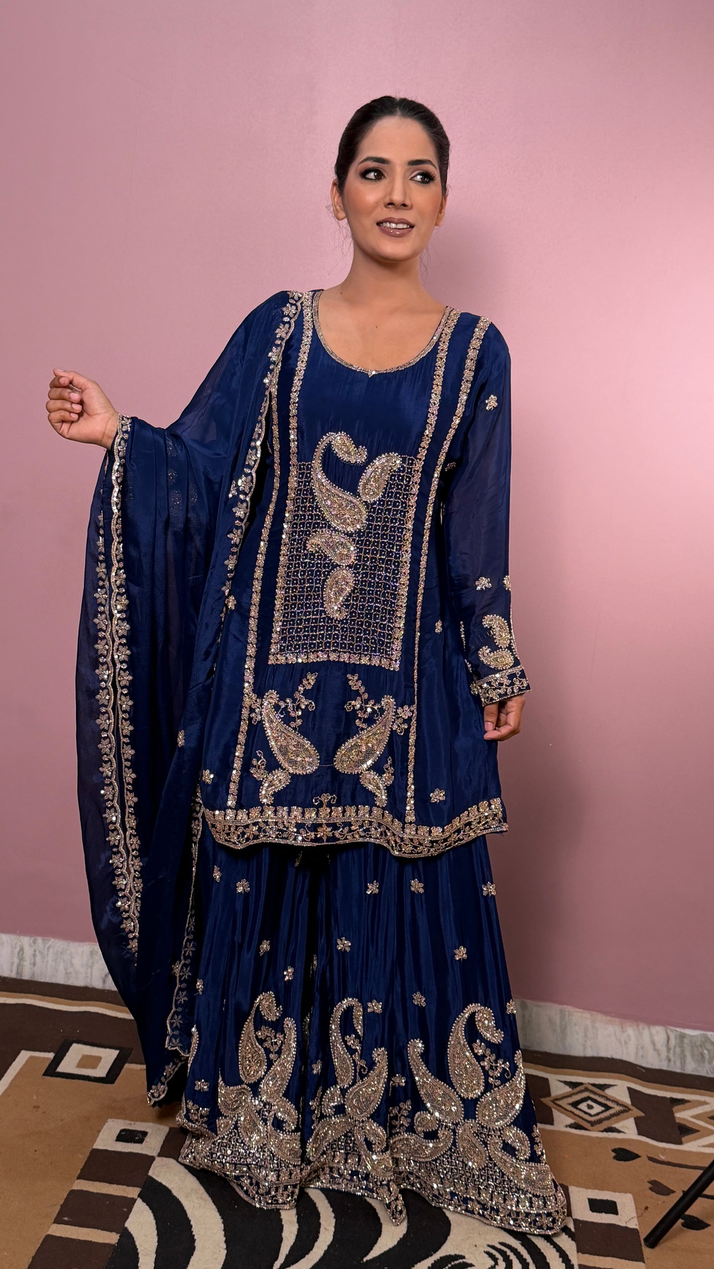 Designer Chinon Crepe Sharara Suit with Hand Nakashi Work