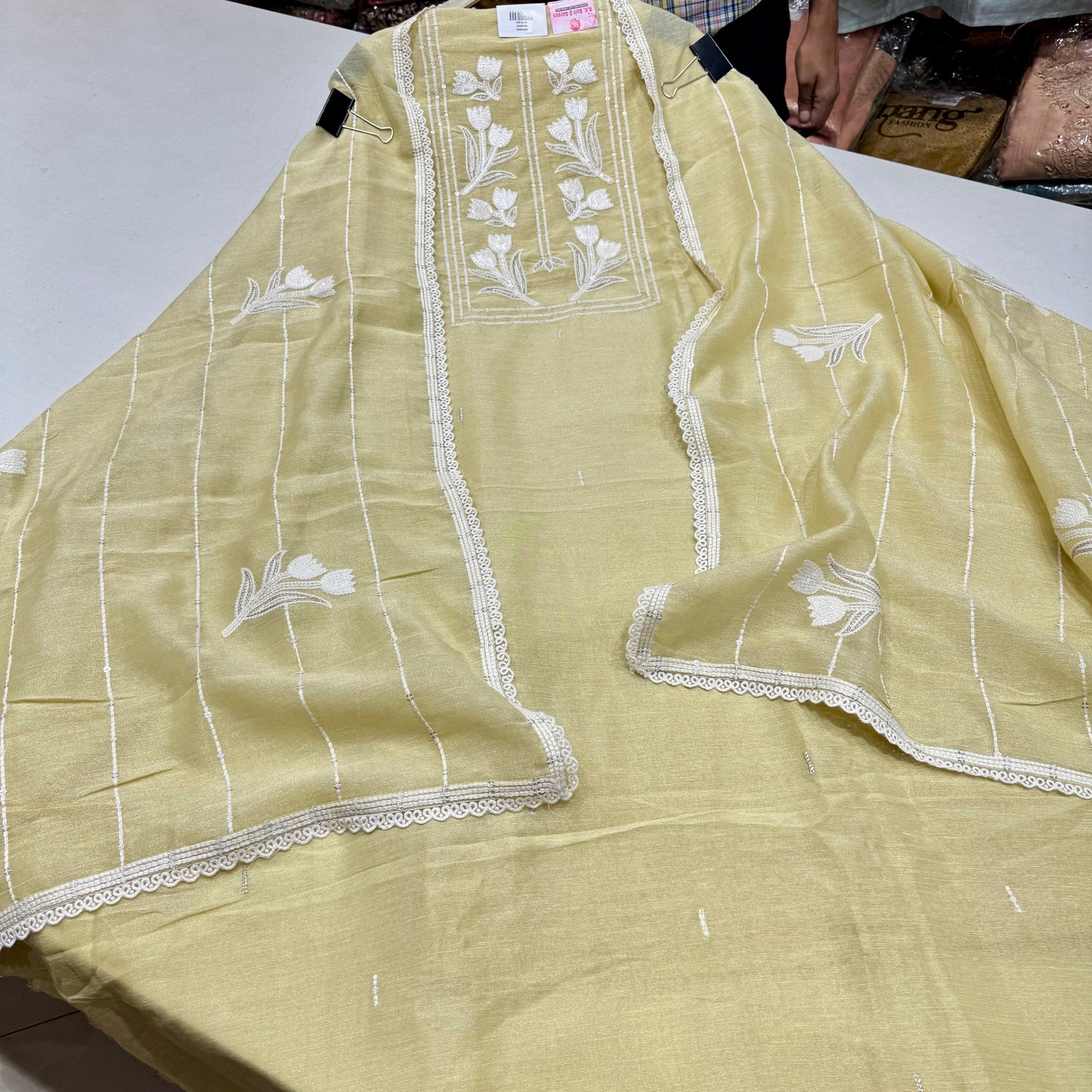 Trendy Pure Tissue Thread, Sequence & Zari Embroidered Suit with Embroidered Tissue Dupatta & Cotton Bottom