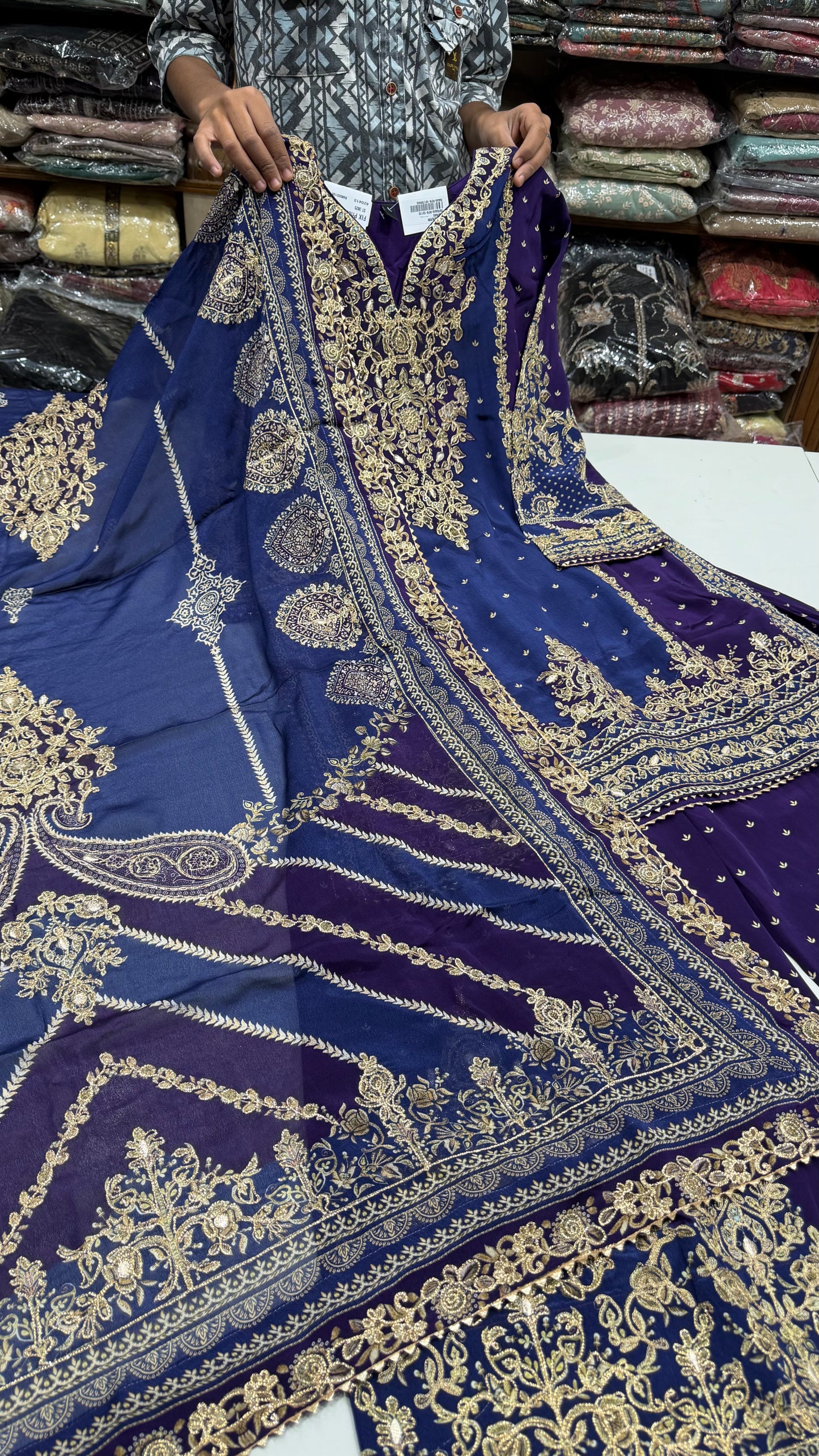 Royal Purple Readymade Farshi Salwar Suit | Pure Crepe Designer Suit with Heavy Zari Hand Embroidery | Chinon Dupatta Luxury Ethnic Wear