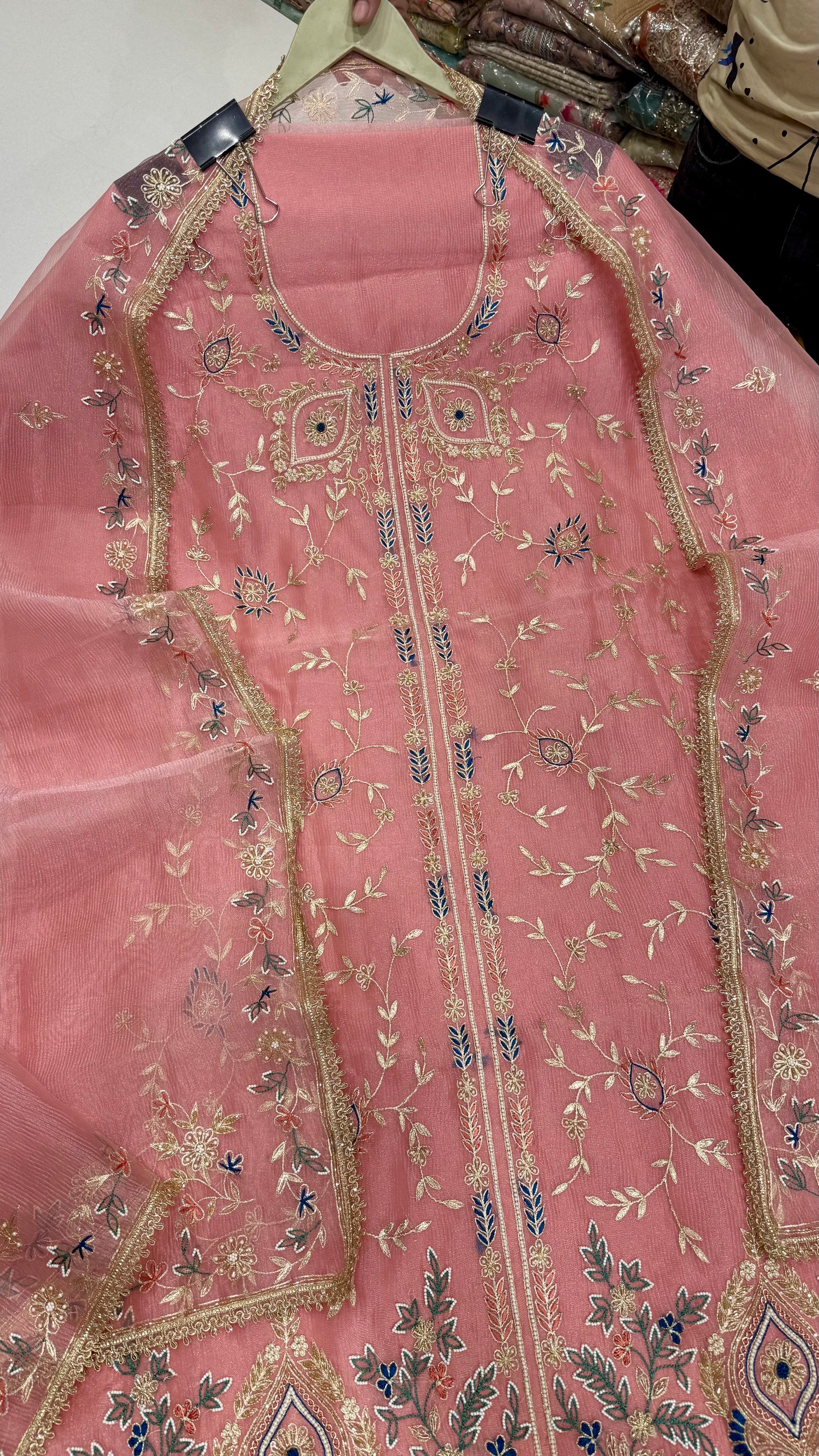 Unstitched Pure Crush Organza Zardozi Hand Embroidered Suit with Dupatta