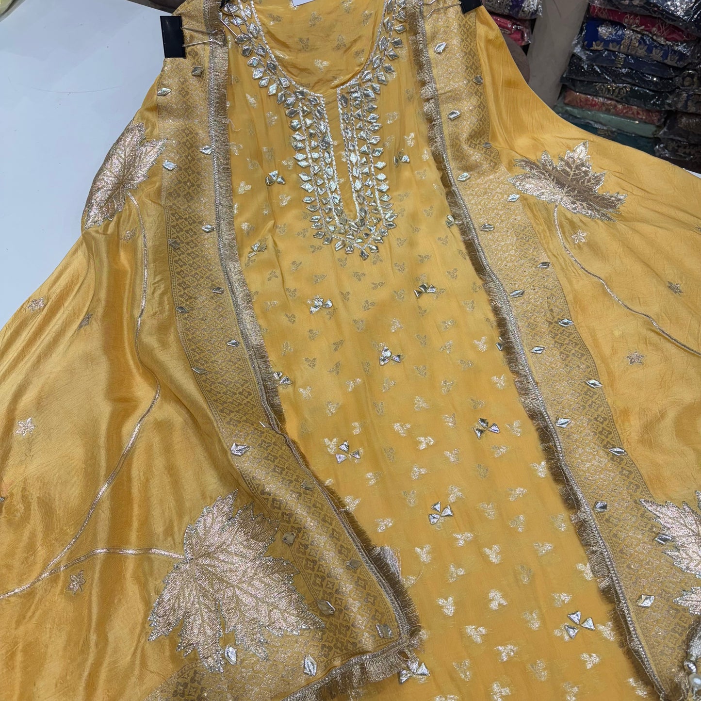 Elegant Banarsi Crepe Straight Unstitched Suit with Banarasi Dupatta & Gota Patti Work