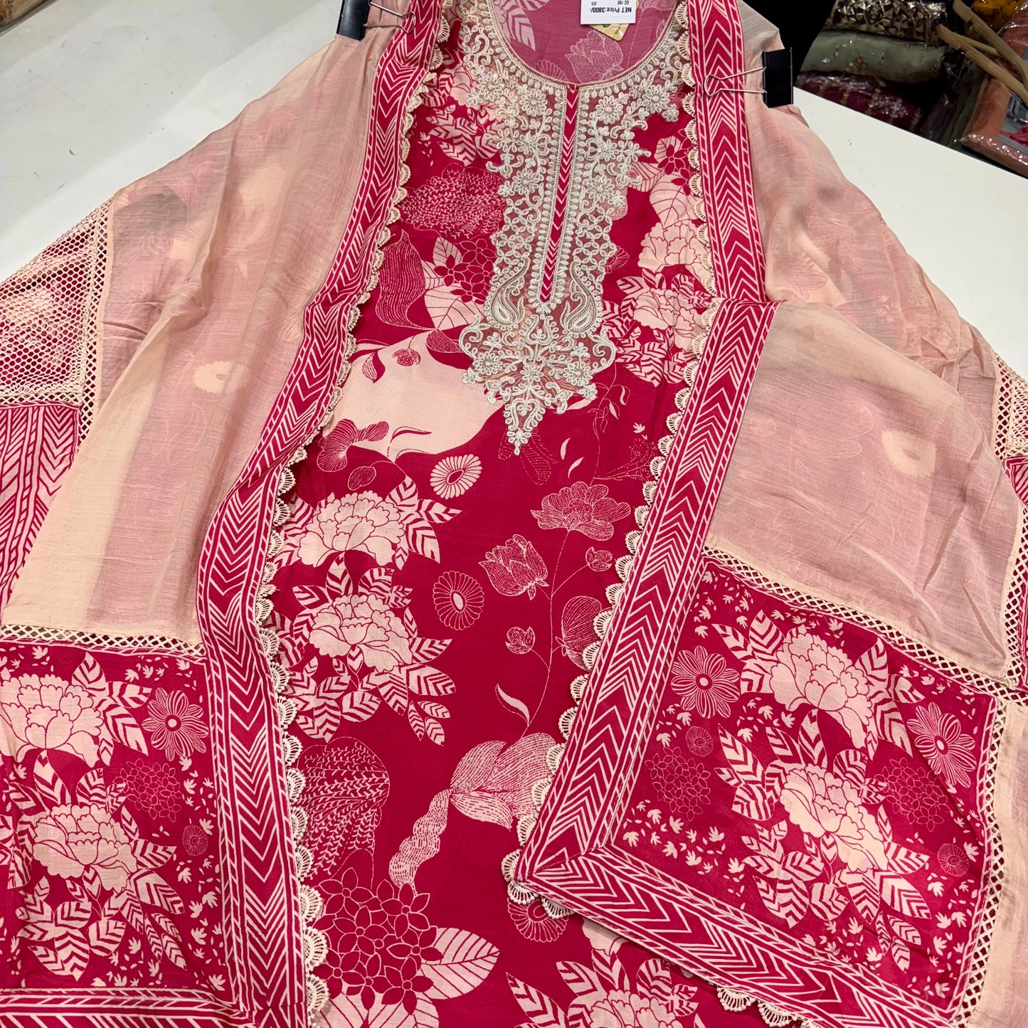 Luxury Muslin Printed Suit with Dori & Sequin Neckline and Designer Patchwork Dupatta