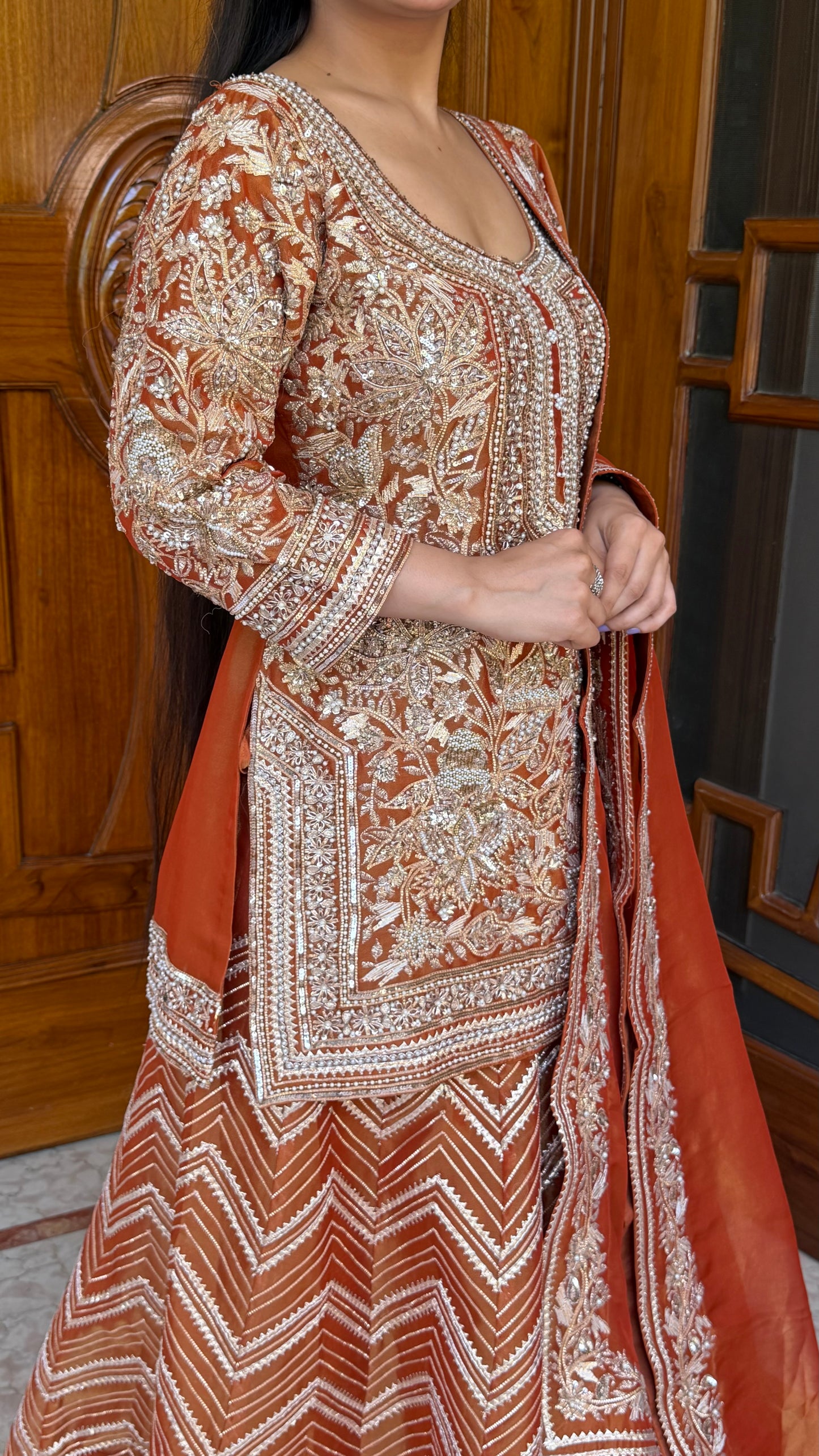 Rust Orange Pure Tissue Heavy Sharara Suit with Hand Embroidered Zardozi Work
