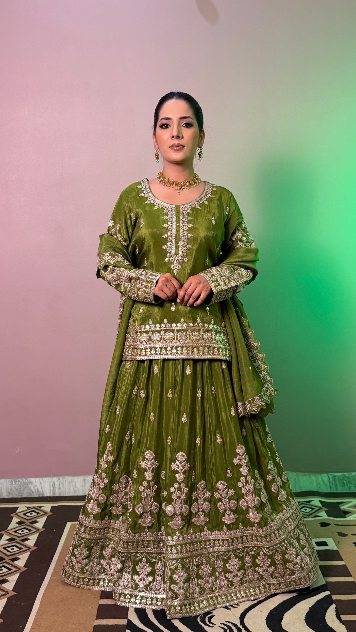 Olive Green Pure Tissue Designer Lehenga Suit with Embroidered Dupatta