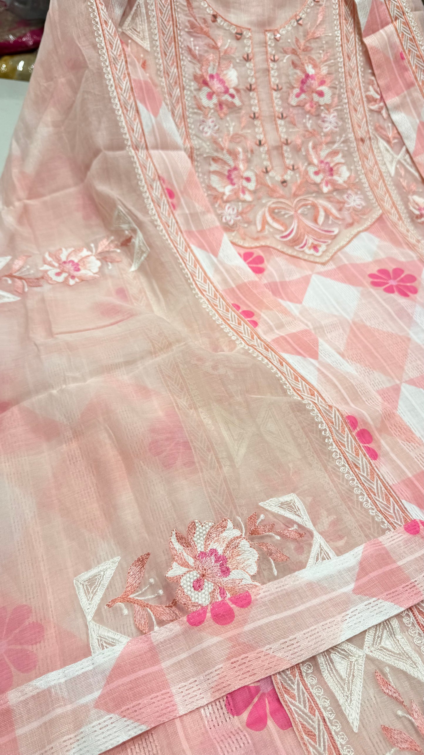 Luxury Pure South Cotton Unstitched Suit with Thread & Mirror Embroidery | Designer Cotton Dress Material with Mul Mul Dupatta