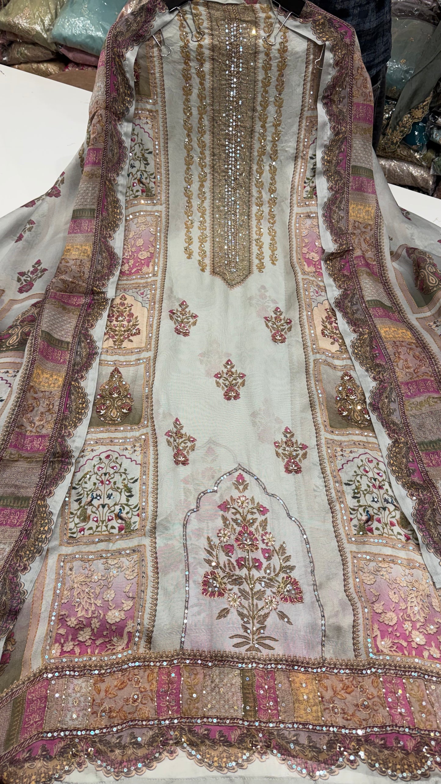 Luxury Unstitched Pure Burberry Tissue Suit | Designer Position Print with Heavy Zari & Sequence Hand Embroidery | Printed Dupatta & Cotton Silk Bottom Fabric | Festive Wedding Wear (US7236)