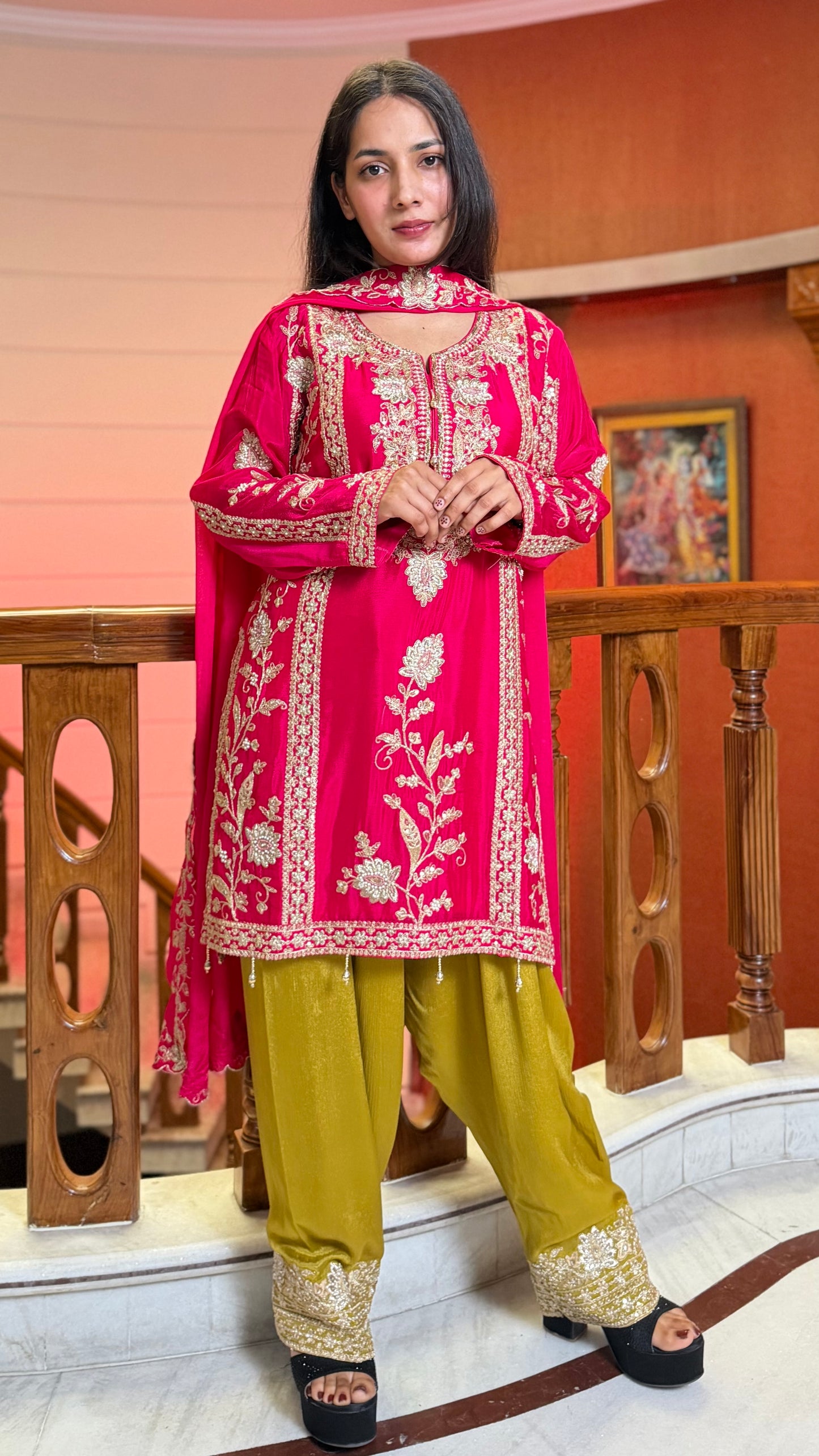 Rani Pink Pure Chinon Farshi Salwar Suit with Heavy Embroidery