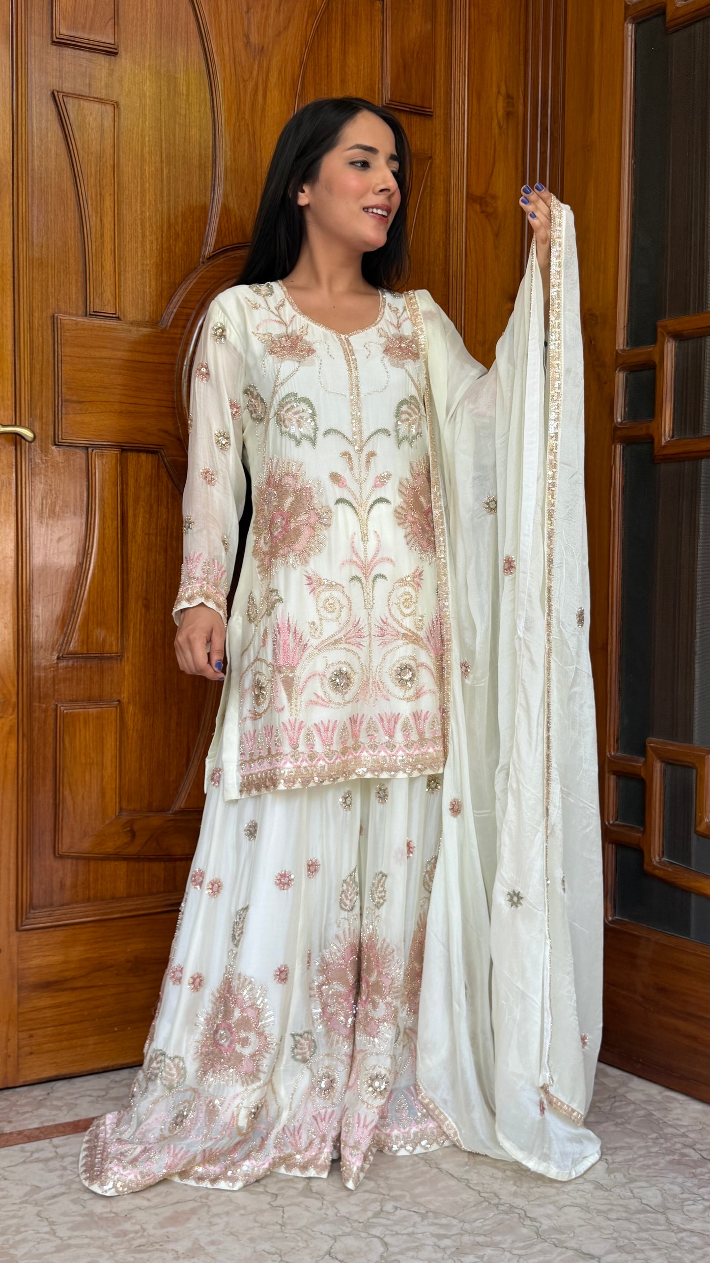 Elegance Chinon Sharara Suit Set with Hand Nakashi Embroidery