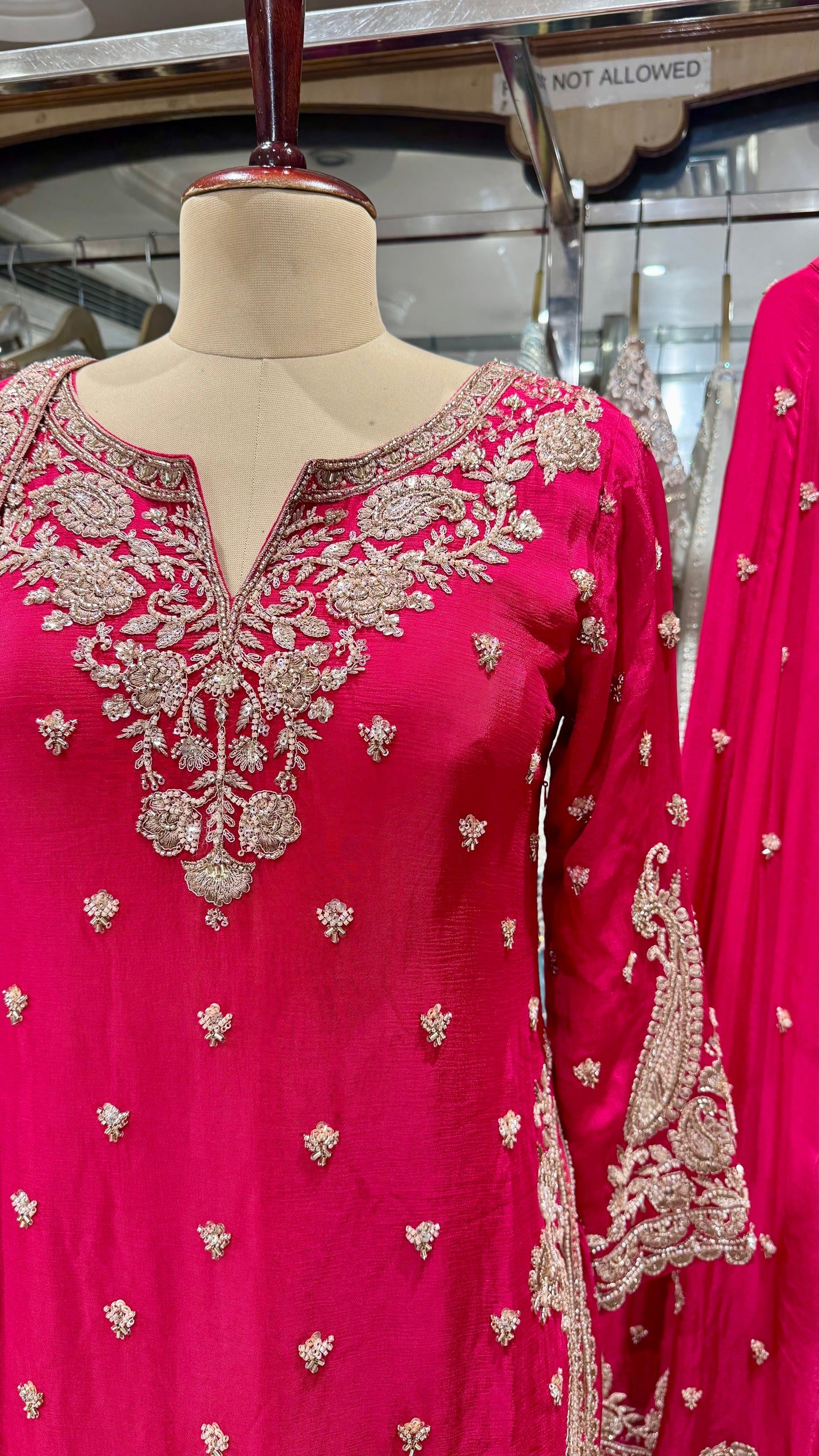 Royal Fuchsia Pink Pure Chinon Zardozi Hand Embroidered Sharara Suit – Readymade (Free Size up to 44” Bust)
