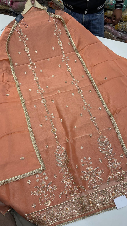 Pure Shimmer Tissue Zardozi Handwork Unstitched Suit Set