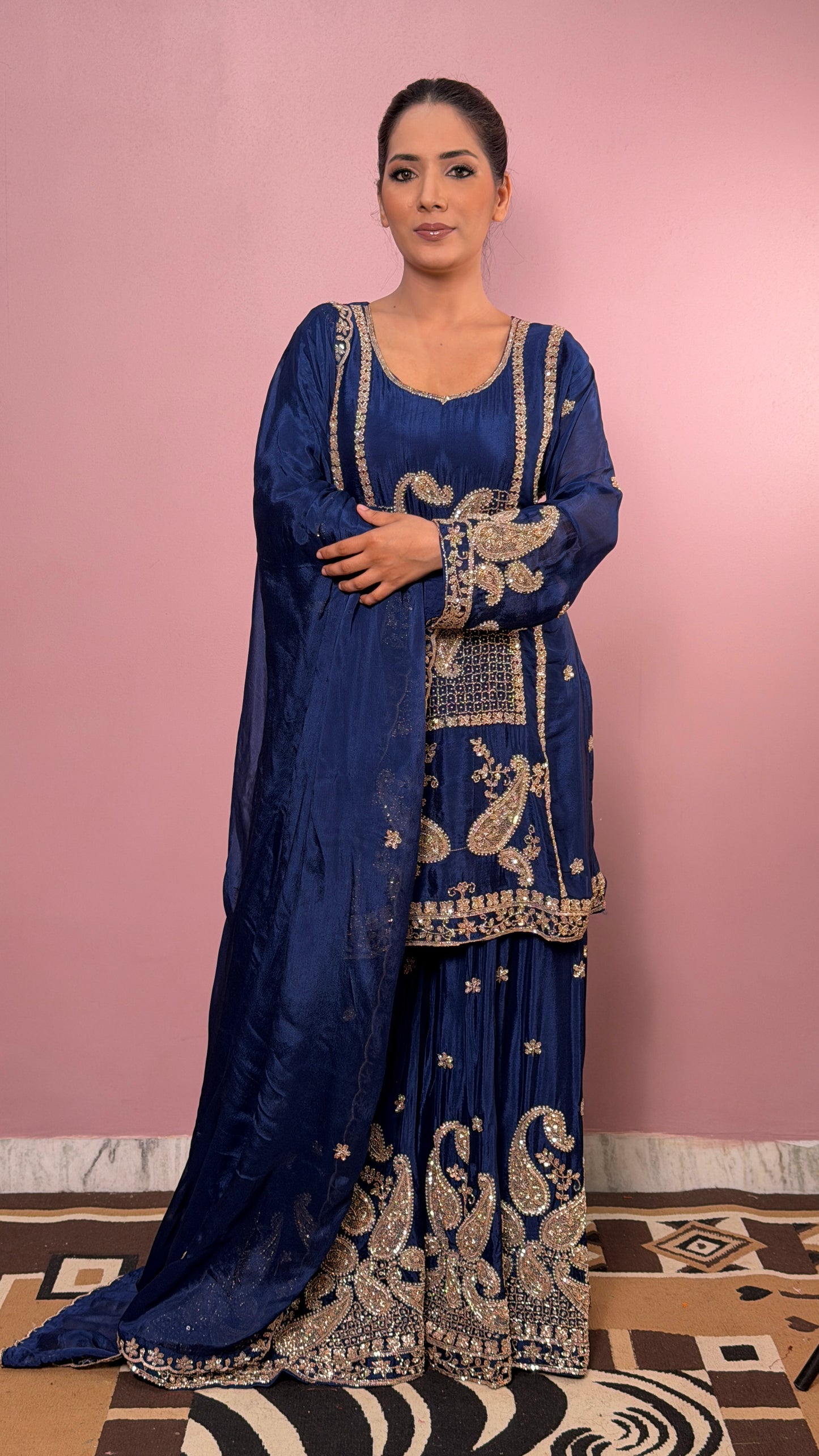 Designer Chinon Crepe Sharara Suit with Hand Nakashi Work
