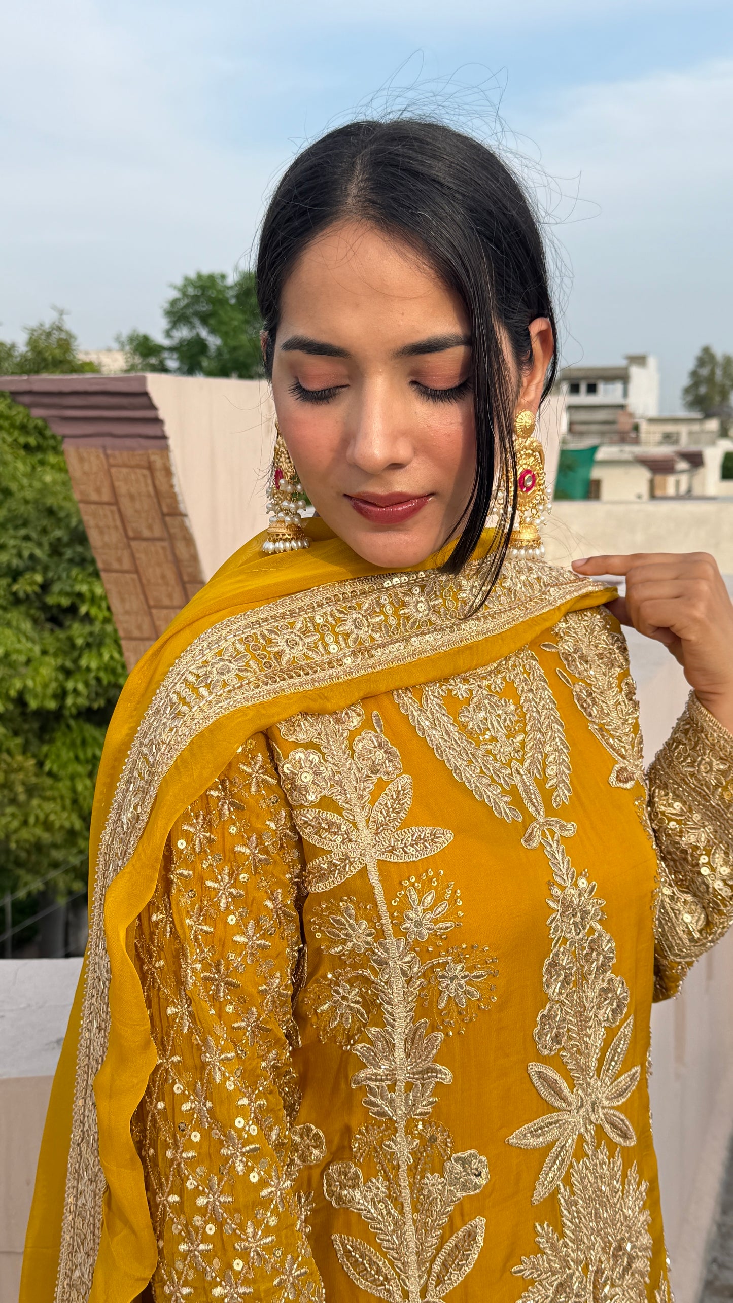 Mustard Gold Organza Luxe Pakistani Suit Set