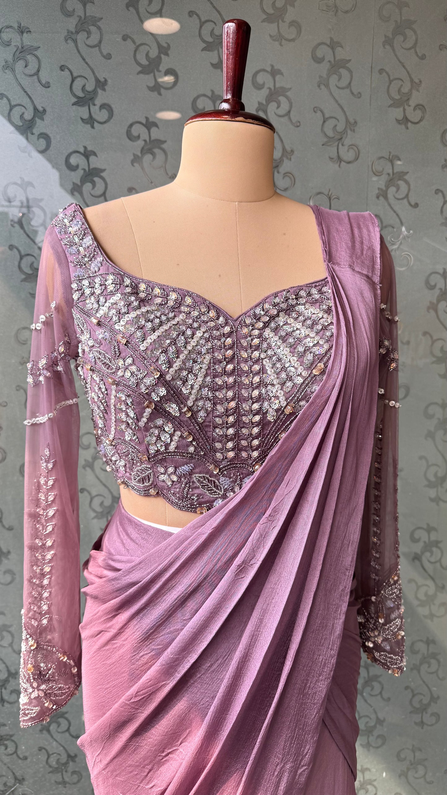 Dusty Mauve Hand Embroidered Blouse with Pre-Draped Pure Chinon Crepe Saree