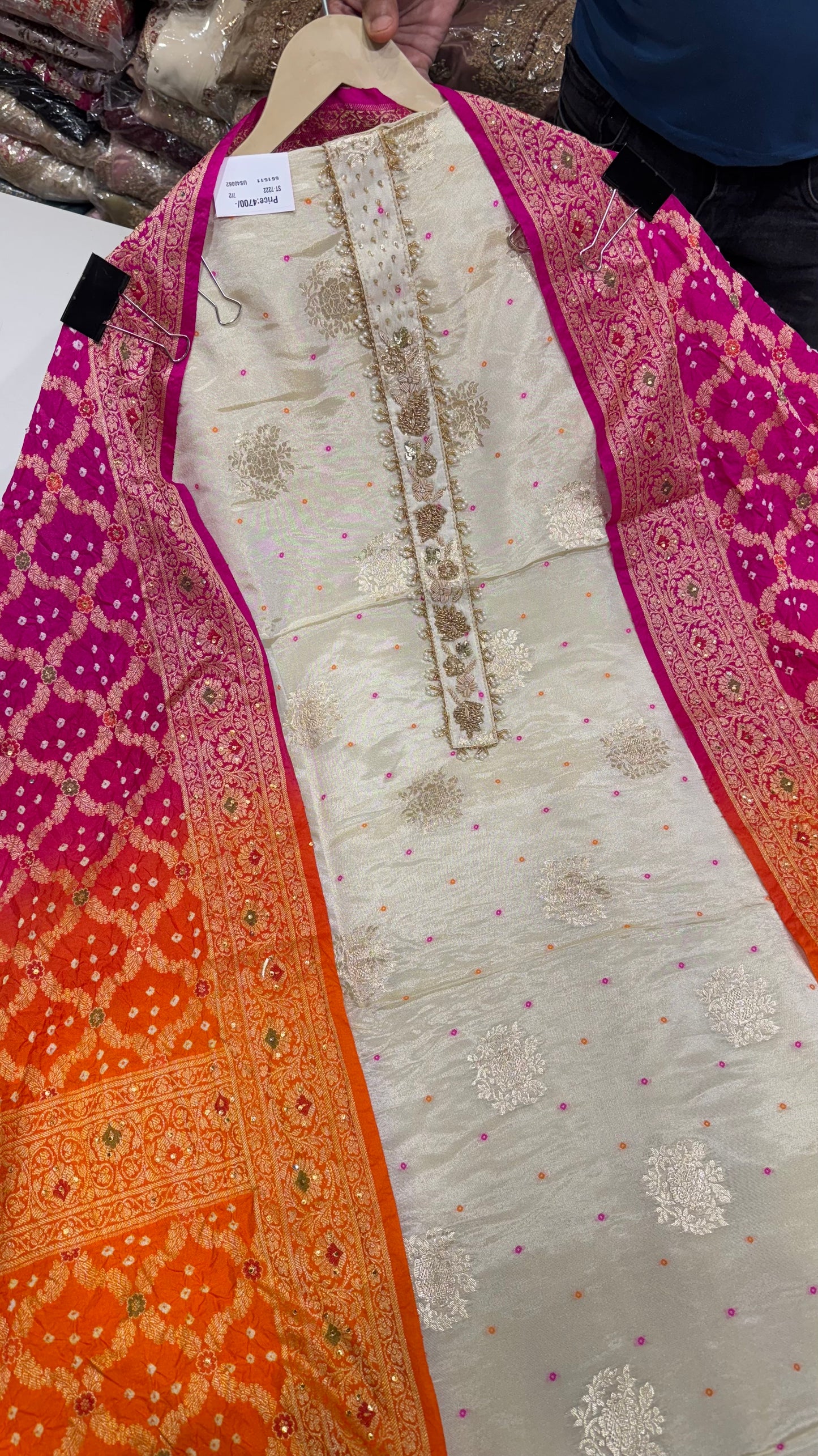 Regal Banarsi Tissue Unstitched Suit with Bhandej Dupatta & Hand Embroidered Neck