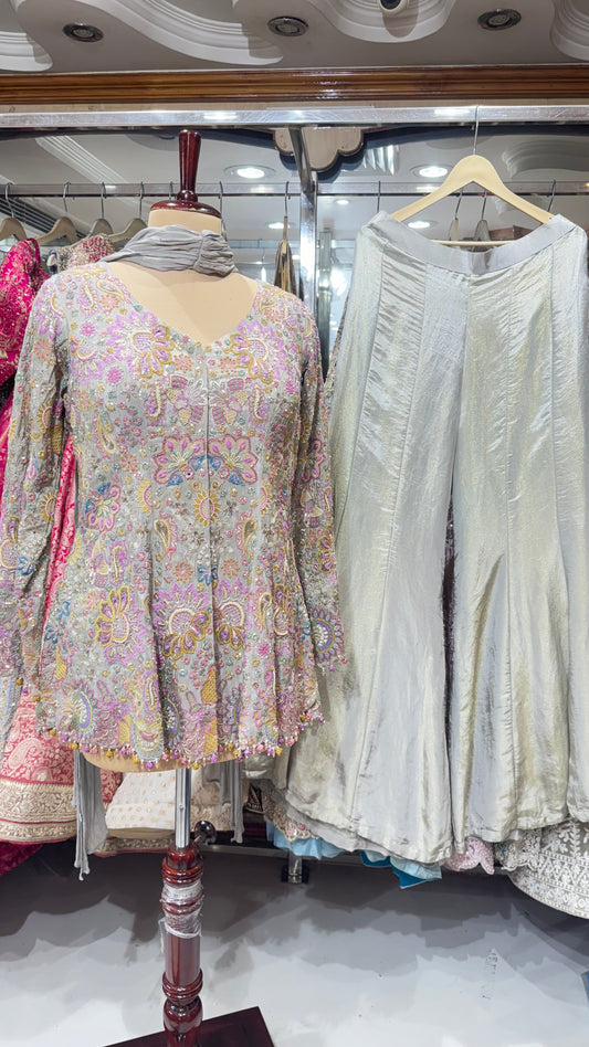 Luxury Pure Tissue Hand Embroidered Indo-Western Kurti with Sharara Pants