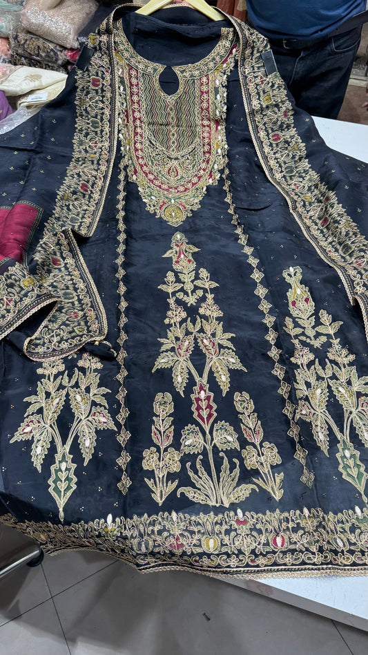 Unstitched Pure Russian Silk Sabyasachi-Inspired Embroidered Suit with Heavy Crepe Bottom