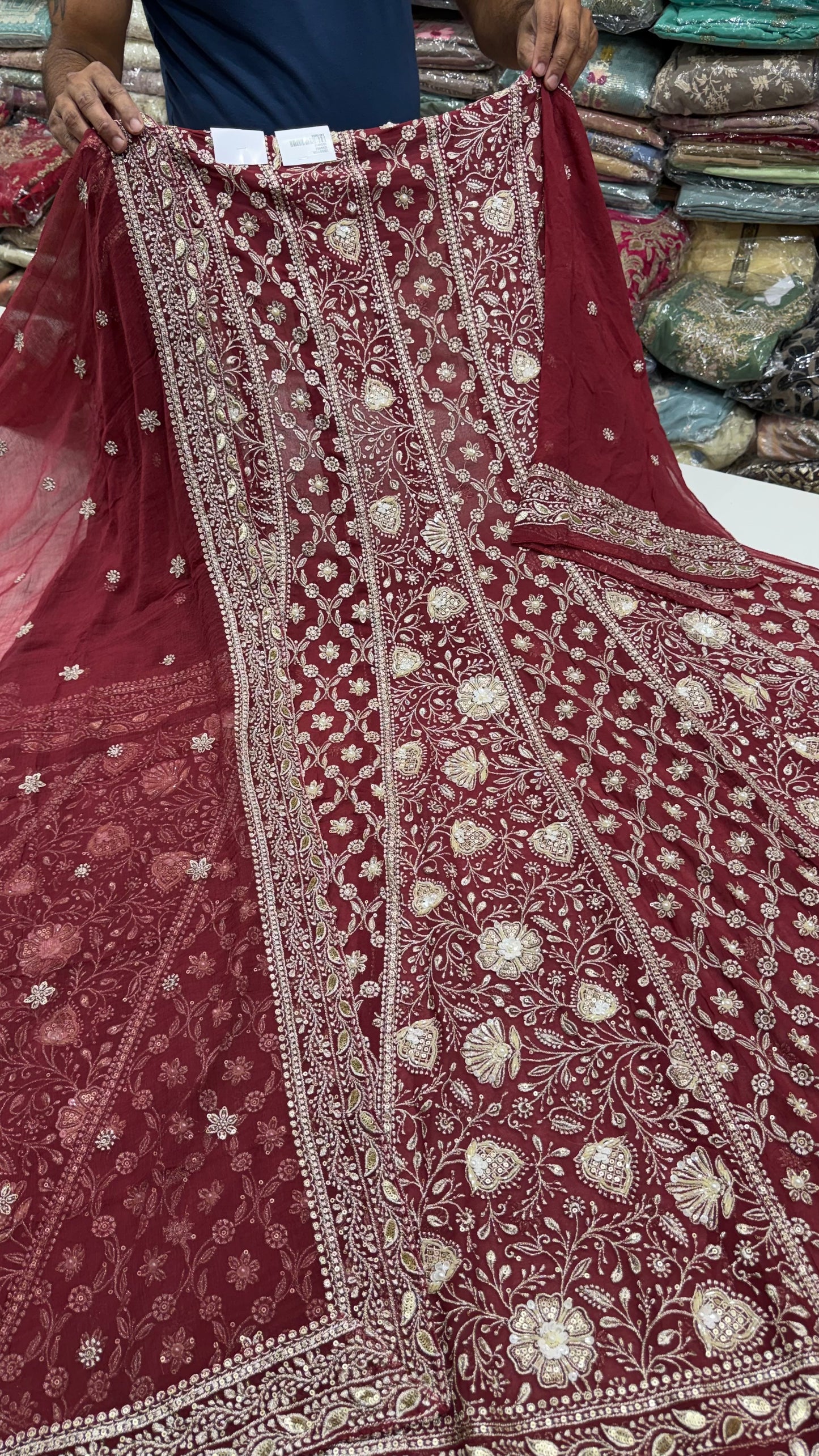 Luxury Unstitched Pure Georgette Zari Lakhnavi Anarkali Suit with Resham, Sequin & Pearl Handwork | Designer Wedding & Party Wear Suit