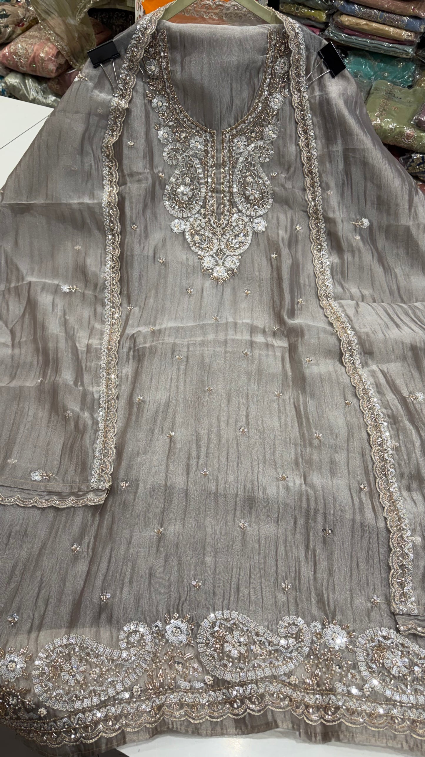 Premium Unstitched Pure Crush Organza Embroidered Suit with Designer Dupatta | Nakshi & Beads Handwork | Luxury Party Wear