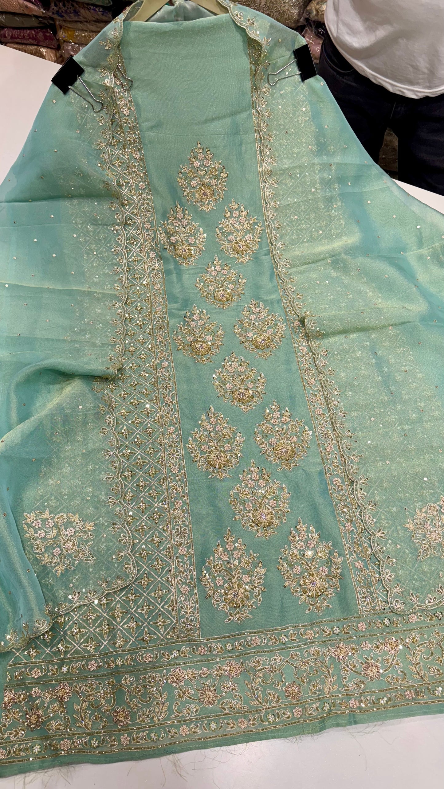 Luxury Shimmer Tissue Unstitched Suit with Zardozi, Pearls & Dabka Embroidery