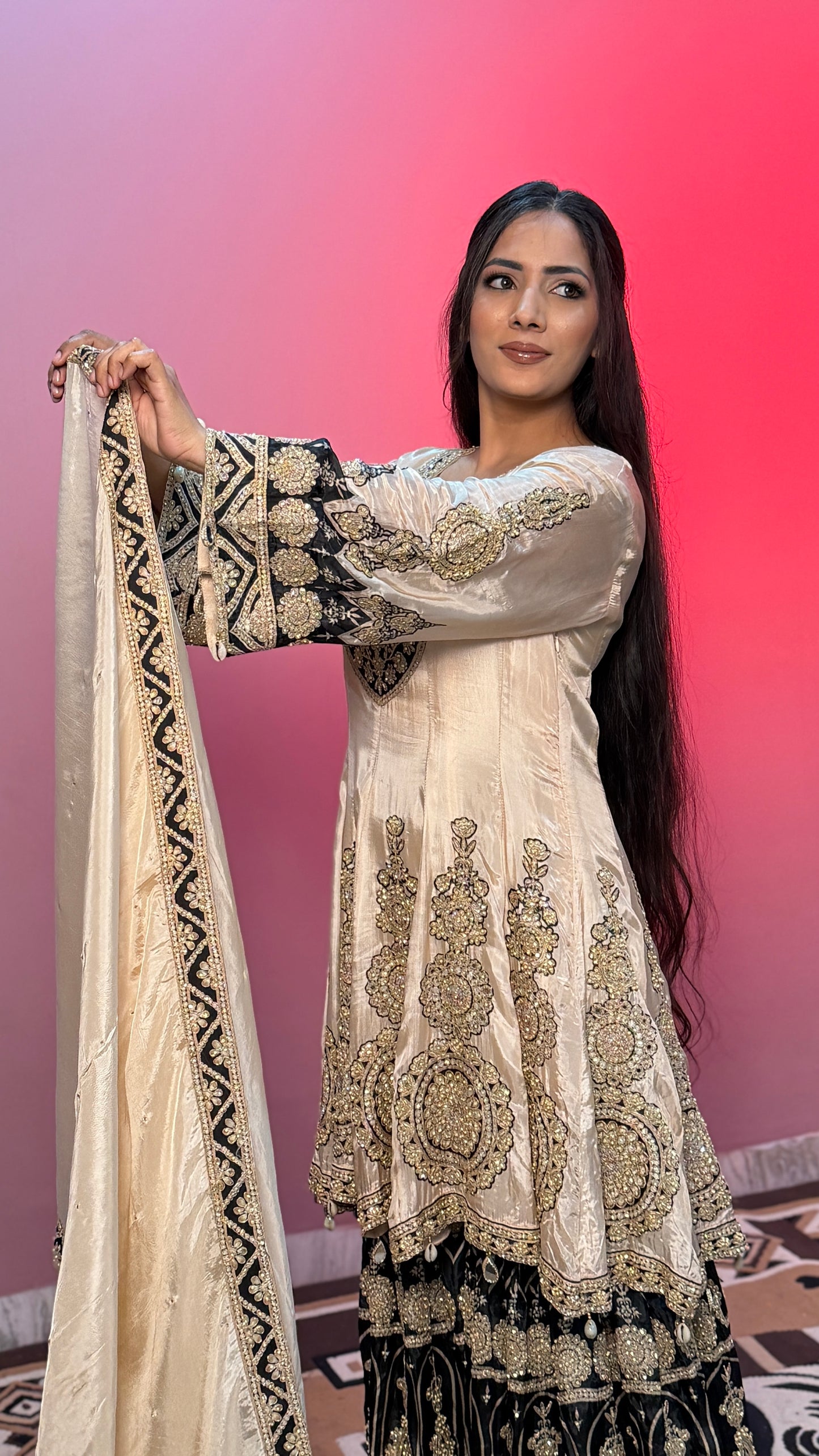 Ivory & Black Pure Crepe Silk Anarkali Gharara Suit with Heavy Embroidery