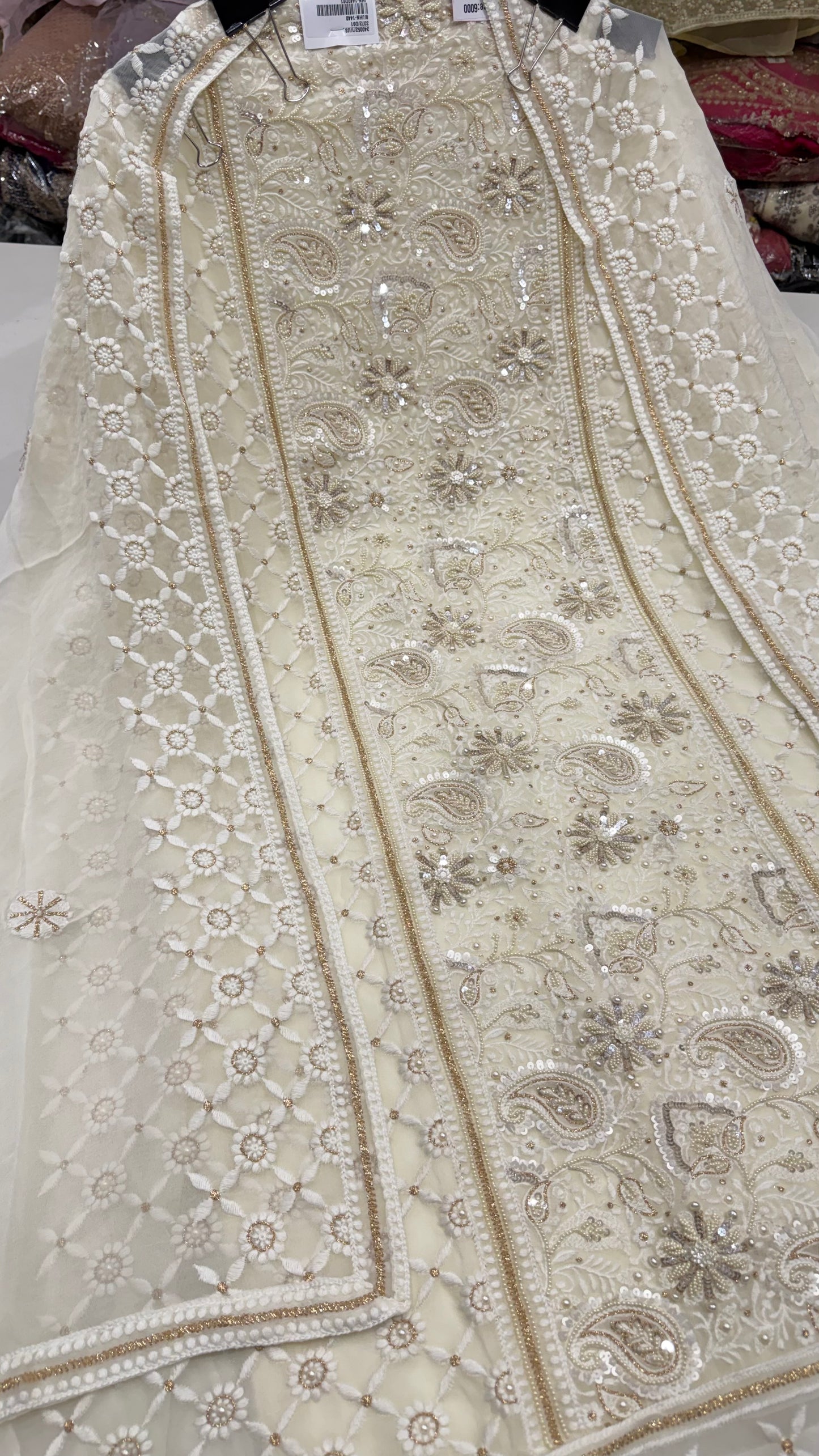 Luxury Unstitched Lakhnavi Pure Georgette Suit | Exclusive Lucknowi Thread, Pearls & Zari Handwork | Designer Georgette Dupatta with Cotton Silk Bottom | Festive Wedding Wear