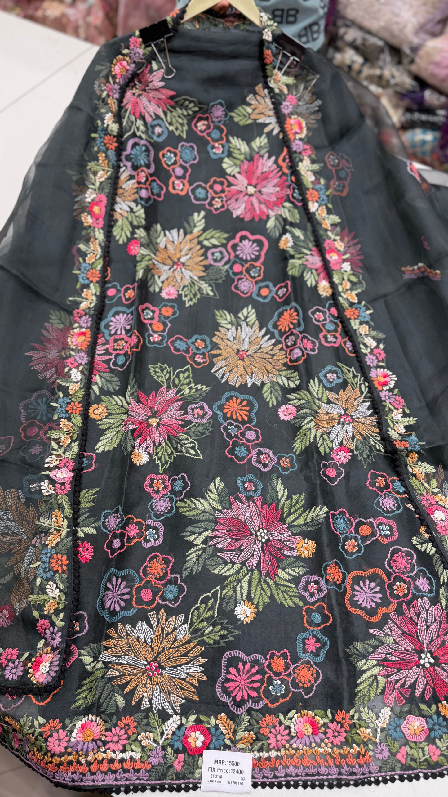 Luxury Designer Organza Kantha Embroidered Unstitched Suit with Dupatta & Crepe Bottom