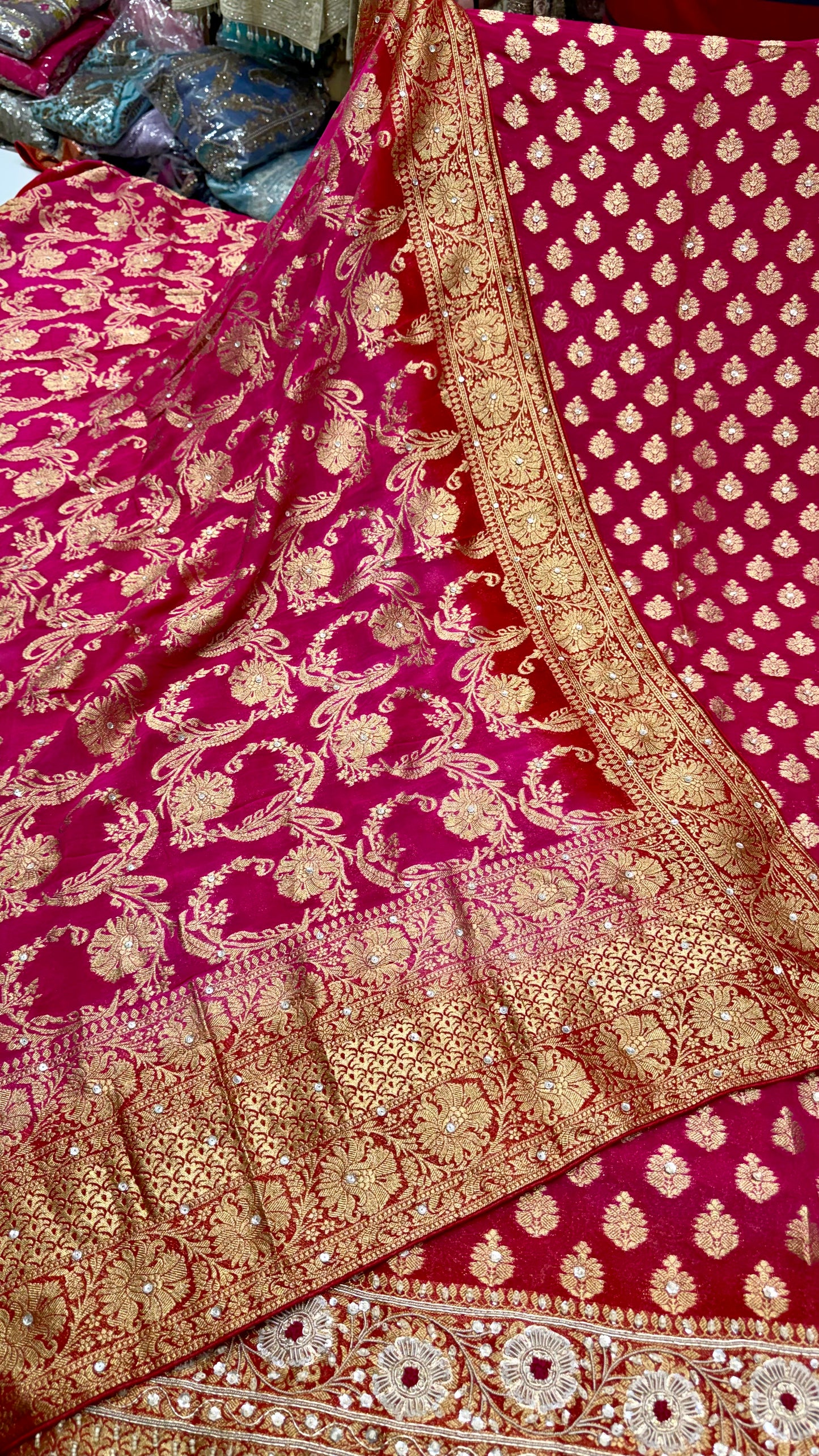 Premium Unstitched Pure Mysore Georgette Embroidered Suit with Designer Mysore Dupatta | Nakshi & Zardozi Handwork | Luxury Wedding Wear
