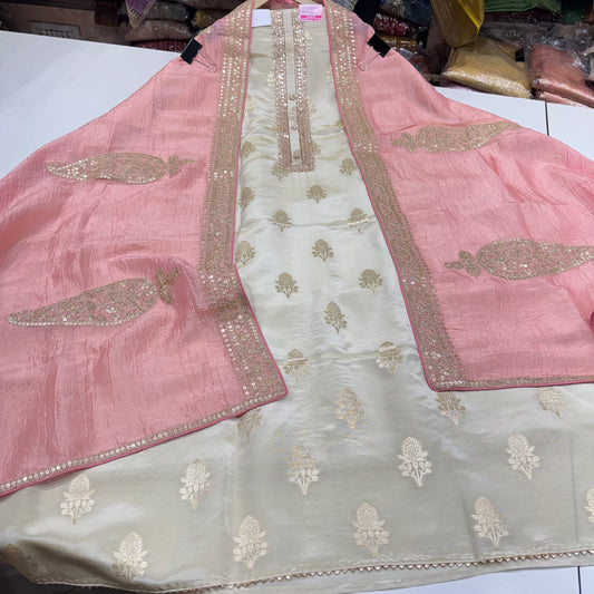 Elegant Banarasi Tissue Suit with Hand-Embroidered Neckline & Sequin Paper Silk Dupatta