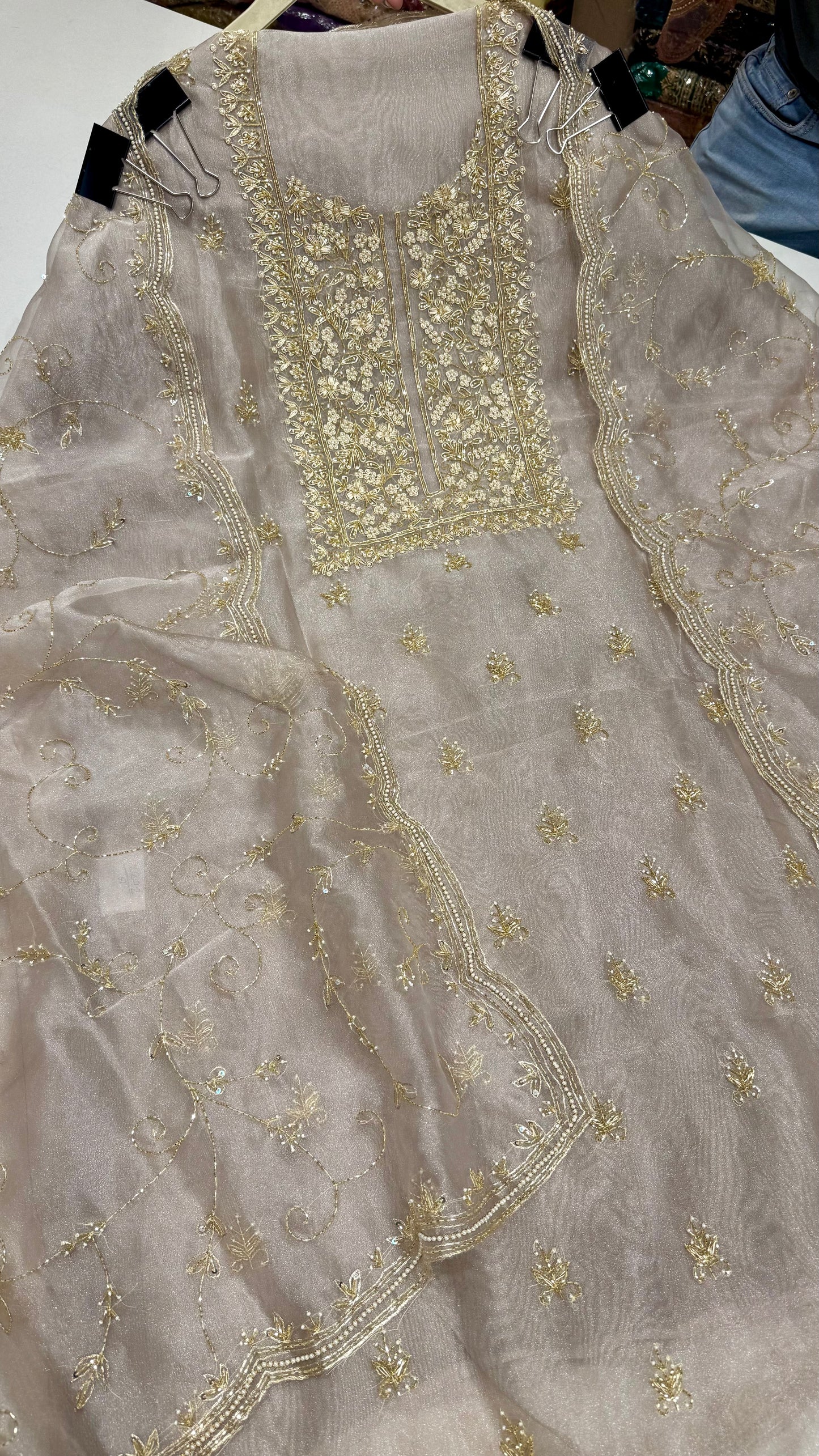 Glass Organza Unstitched Suit with Heavy Zardozi Hand Embroidery