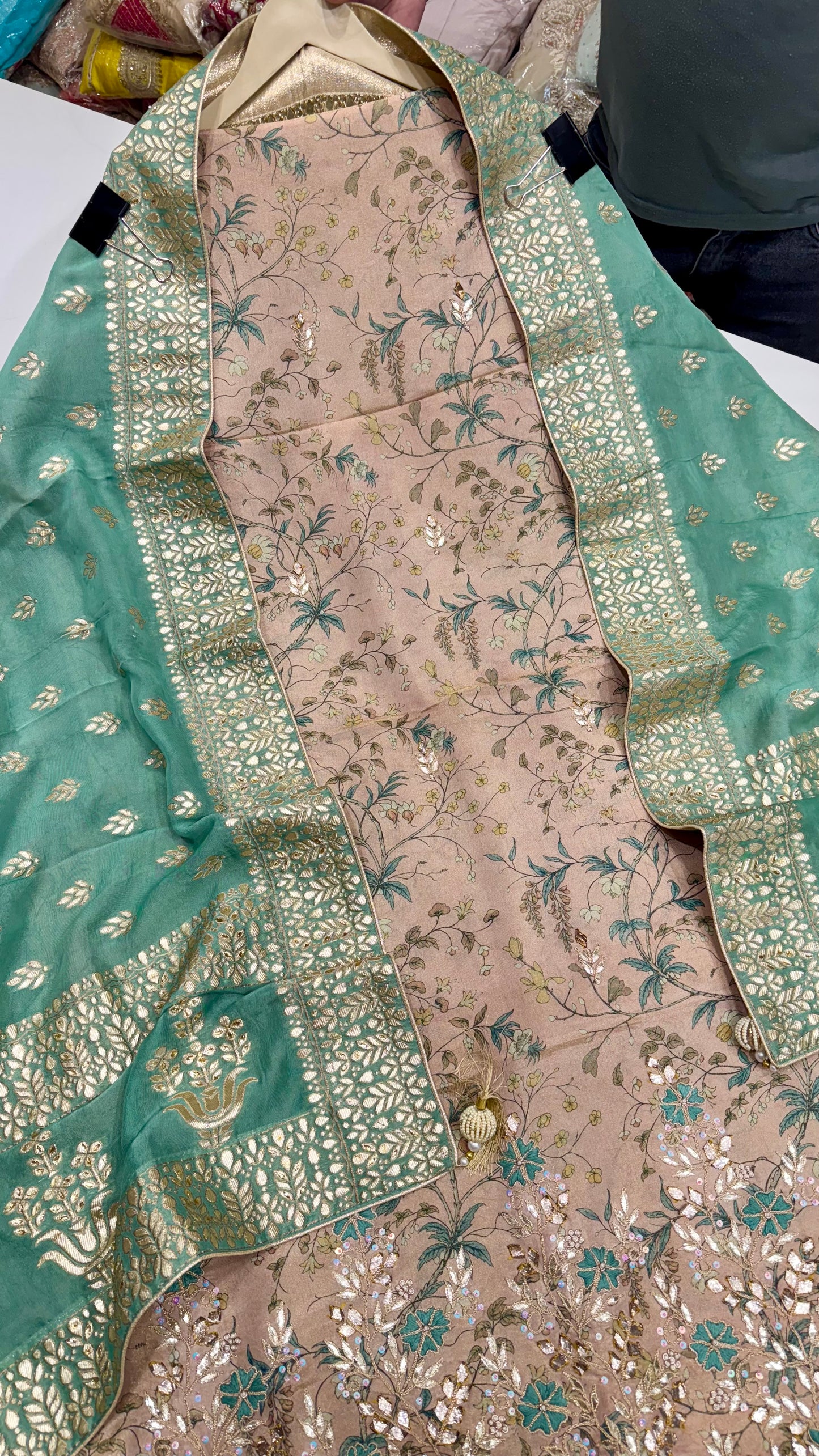 Elegant Shimmer Tissue Unstitched Suit with Banarasi Tissue Dupatta & Hand Embroidery