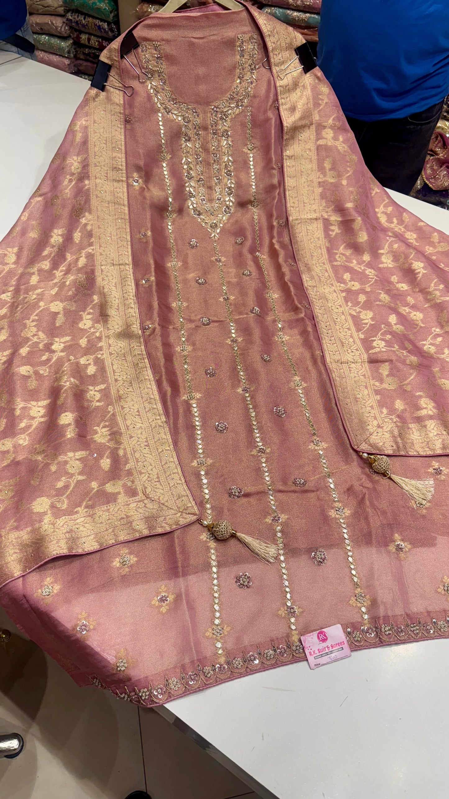 Royal Mauve Banarasi Tissue Unstitched Suit with Zardozi Embellishments