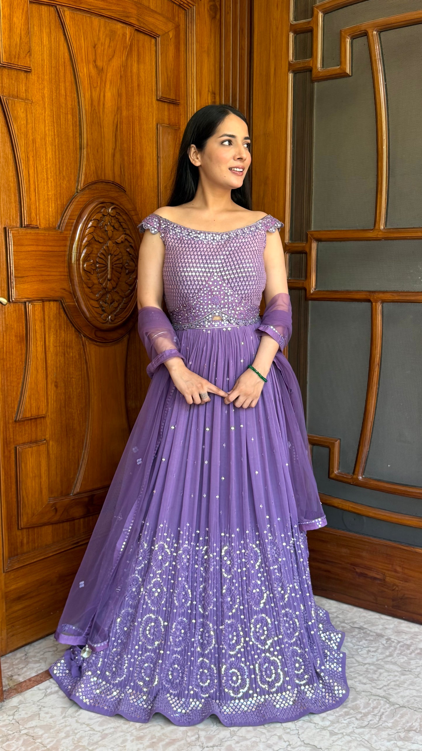 Purple Georgette Lehenga Choli Set | Sequin & Thread Embroidered Boat Neck Choli | Flared Skirt with Mirror Work | Net Dupatta | Readymade Free Size Up to 42 Bust | Wedding & Party Wear