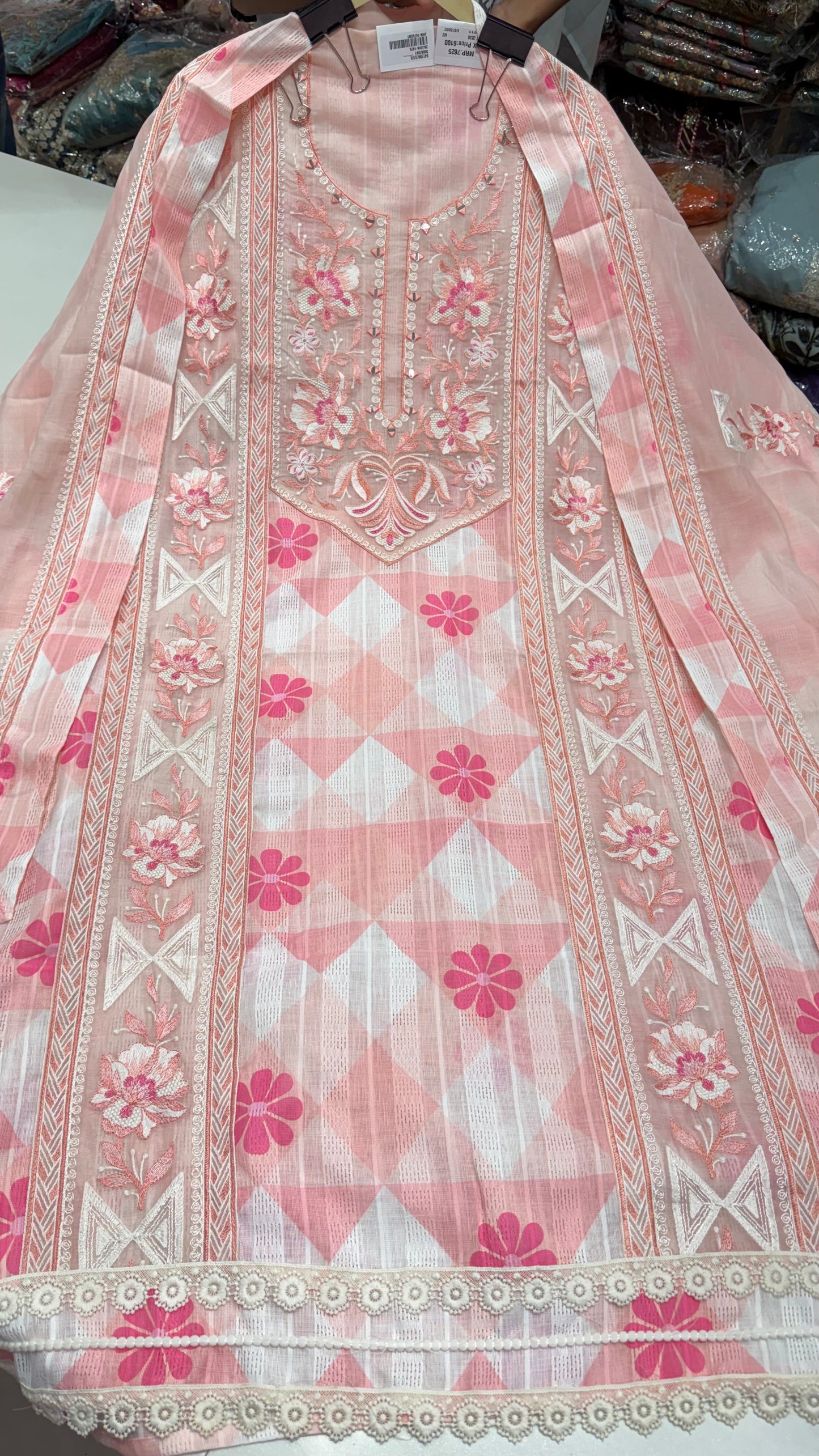 Luxury Pure South Cotton Unstitched Suit with Thread & Mirror Embroidery | Designer Cotton Dress Material with Mul Mul Dupatta